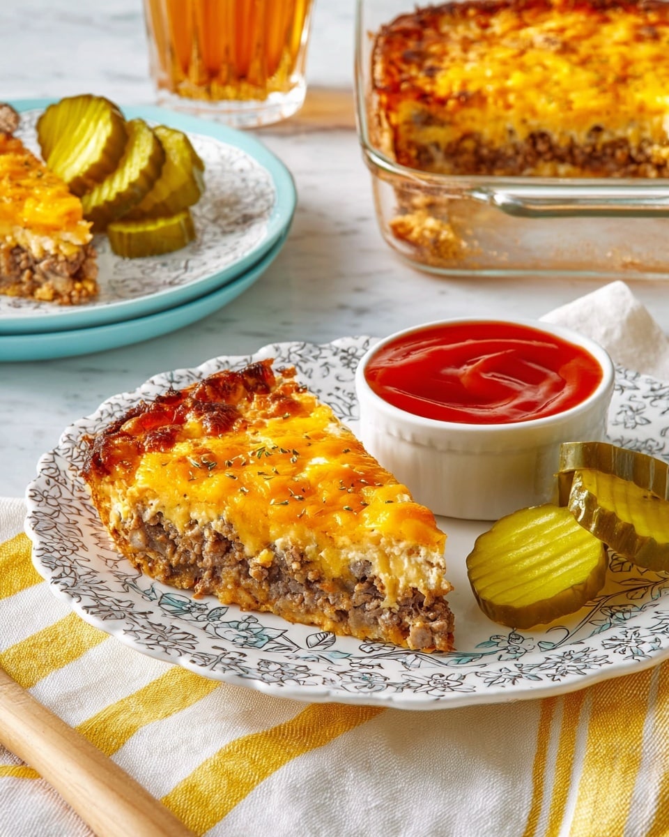 The image shows a slice of layered casserole on a white plate with intricate floral patterns, placed on a white marbled surface. The casserole has three distinct layers: a browned, slightly crispy top layer with melted golden cheese, a creamy light middle layer, and a firm bottom layer filled with cooked ground meat that is brown with visible small chunks. The slice is seasoned with specks of black pepper. Next to the casserole slice, there are three crinkle-cut pickle slices that are green and shiny, and a small white cup filled with thick, glossy red ketchup. Part of another white plate with a similar casserole slice topped with ketchup lines is visible at the top right corner, and a glass baking dish with the remaining casserole sits at the back. A wooden utensil rests beside the plate with a yellow and white striped cloth nearby. Photo taken with an iphone --ar 4:5 --v 7