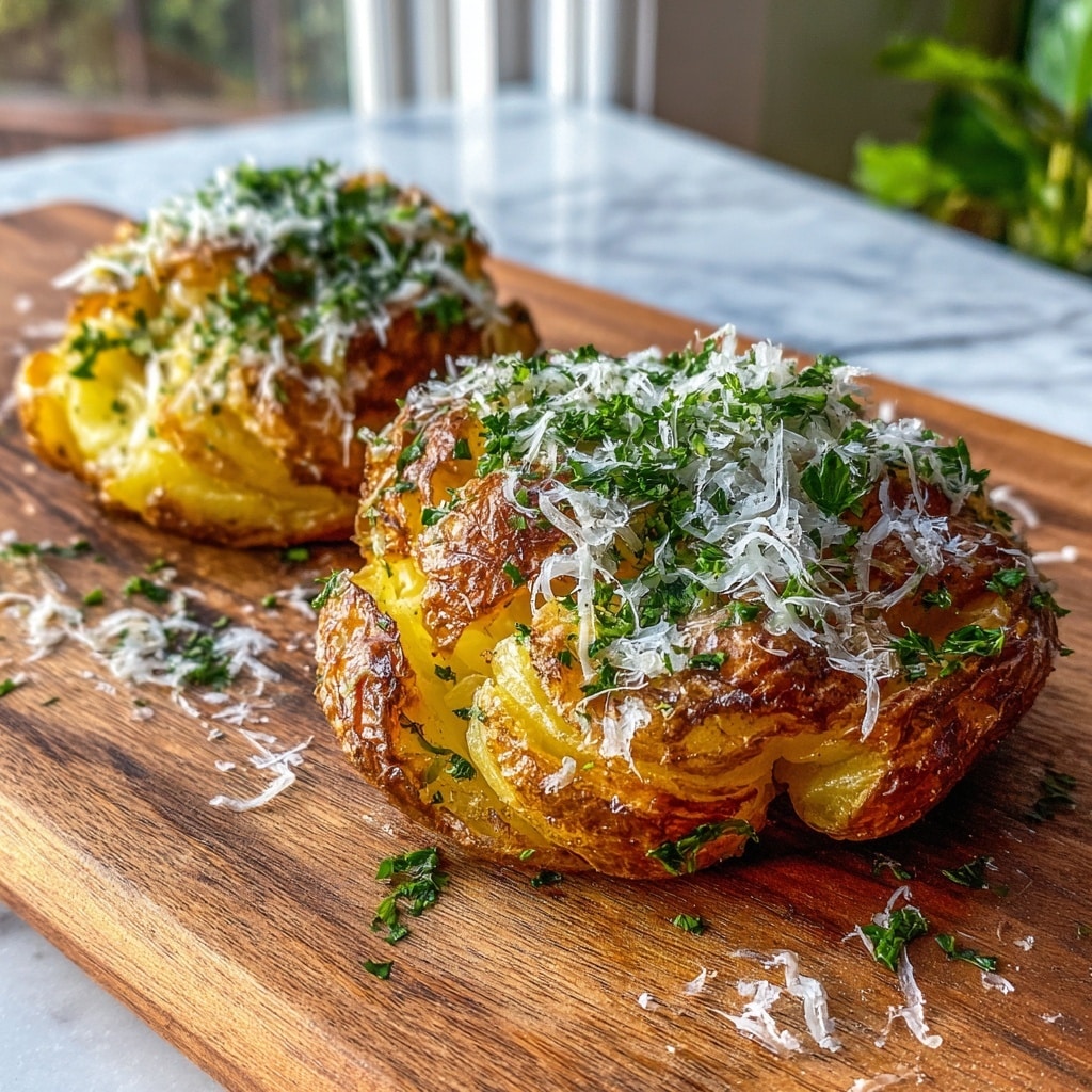 The image shows four crispy smashed potatoes on a wooden board, each with a golden-brown, wrinkled outer skin that looks crunchy. The inside is soft and slightly chunky, with a light yellow color. On top of each potato, there is a layer of finely chopped green parsley sprinkled evenly. Over the parsley, there is a generous dusting of shredded white cheese that adds a soft texture. The light coming from the window in the background highlights the shiny, crisp edges of the potatoes and the fresh green of the parsley, all set against a white marbled texture surface. photo taken with an iphone --ar 4:5 --v 7