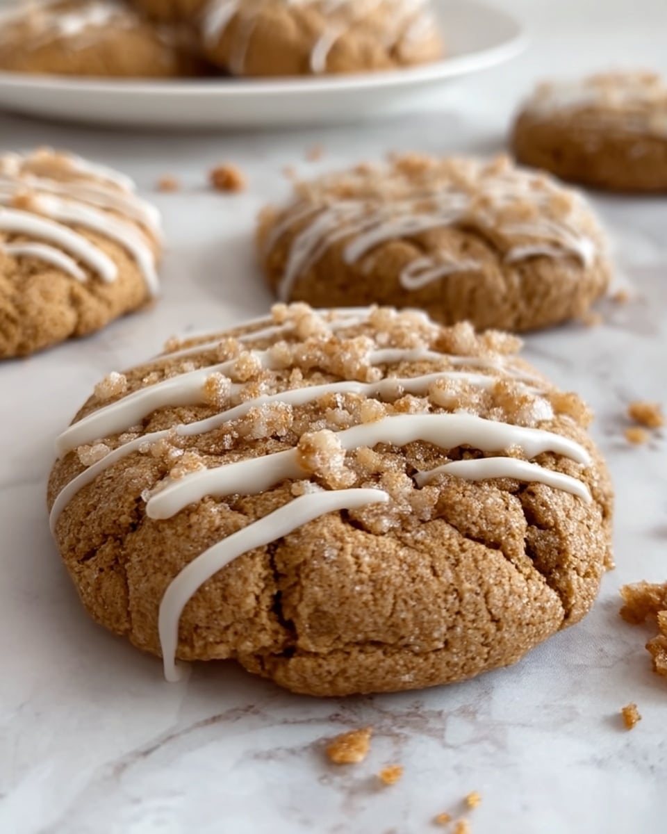 The image shows seven round cookies on a baking tray lined with light parchment paper, placed on a white marbled surface. Each cookie has a slightly raised, golden brown base with a rough texture and is topped with uneven clusters of crumbly, darker brown streusel pieces, giving a crunchy look. The cookies are spaced unevenly, with crumbs scattered around them, adding a sense of freshness and homemade charm. Photo taken with an iphone --ar 4:5 --v 7