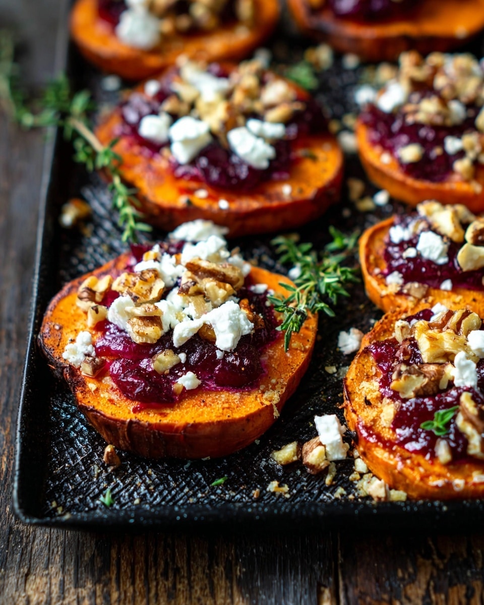 The dish shows 16 small, round sweet potato slices arranged neatly in four rows on a dark textured rectangular tray. Each slice has three layers: the bottom layer is the orange sweet potato with a slightly crispy, roasted texture; the middle layer is a thick, deep red cranberry sauce dolloped in the center; the top layer is a scattering of white, crumbly cheese and small pieces of light brown toasted nuts, garnished with tiny green herb leaves. The tray sits on a wooden surface with some crumbs and herbs scattered around. photo taken with an iphone --ar 4:5 --v 7