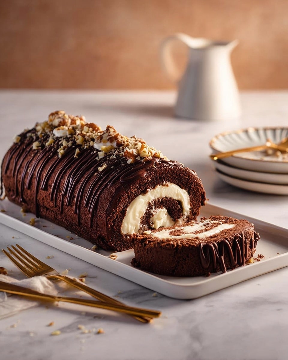The image shows a chocolate Swiss roll cake on a white rectangular plate placed on a white marbled surface. The roll has three visible layers: a dark brown, soft and moist chocolate sponge cake on the outside, a caramel layer just inside it, and a creamy white filling in the center with a hint of the chocolate sponge swirling within. The cake is decorated on top with drizzles of chocolate and sprinkled with chopped nuts. A slice is cut from the roll and placed in front of it, showing the layers clearly. In the background, there is a white plate with another slice of the same cake and colorful confetti scattered around the surface. The photo taken with an iphone --ar 4:5 --v 7
