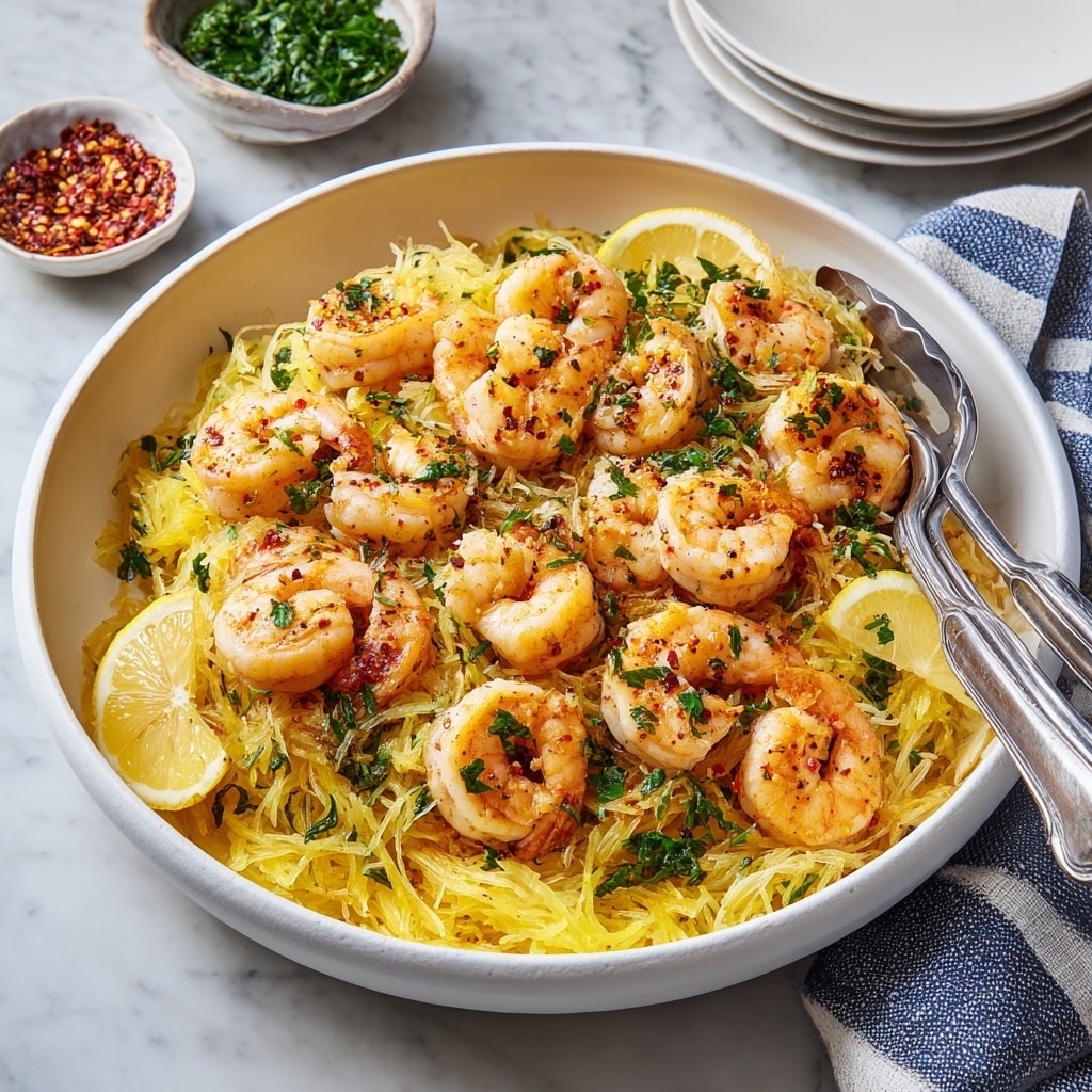 A large white speckled pan filled with a shrimp pasta dish sits on a white marbled surface. The bottom layer is made of yellow spaghetti squash strands with a soft texture, mixed with chopped green herbs. On top, pink-orange cooked shrimp with visible seasoning and small green leaves are spread evenly. Thin lemon slices in pale yellow are arranged along the edges, adding bright color contrast. A pair of metal tongs lifts a portion of the pasta and shrimp from the pan. In the background, a small white bowl with red chili flakes, clean white plates stacked, and a green herb bunch add detail. A blue and white striped cloth is partially visible near the base of the pan. Photo taken with an iphone --ar 4:5 --v 7