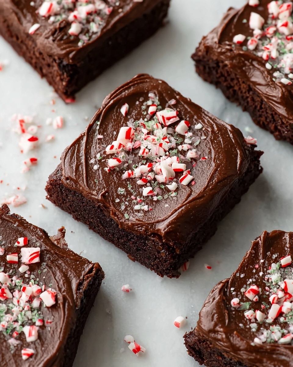 The image shows four square chocolate brownies arranged on a white marbled surface, each with one thick layer of dark, glossy chocolate frosting spread on top. The frosting has a slightly swirled texture and is sprinkled with small, uneven pieces of red and white crushed peppermint candy, some also scattered on the surface around the brownies. The rich, dark brown color of the brownies contrasts with the bright peppermint bits, making them look festive and inviting. Photo taken with an iphone --ar 4:5 --v 7