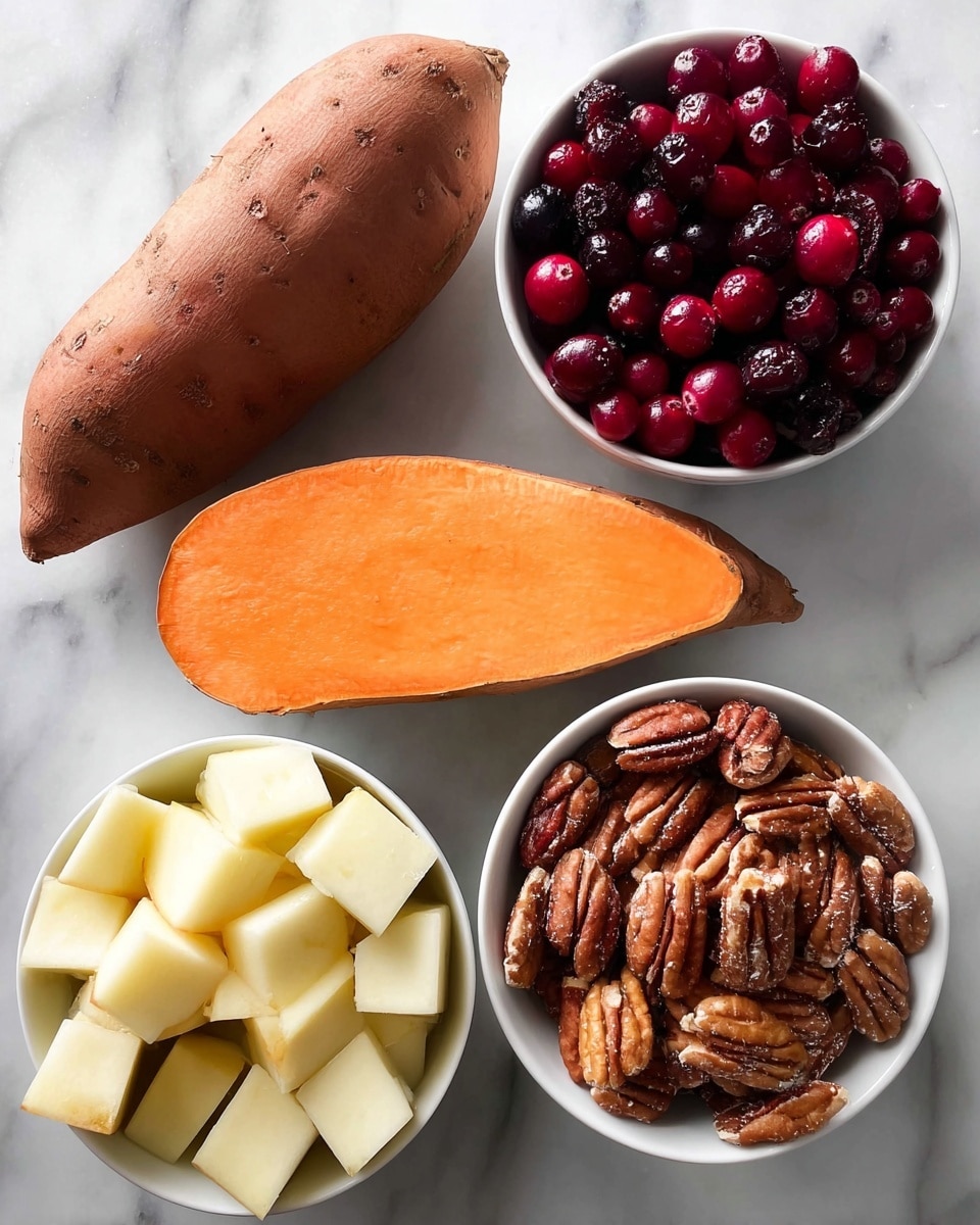 This image shows two halves of a baked sweet potato placed on a white plate, sitting on a white marbled surface. Each sweet potato half is open and filled with three visible layers: the first layer is the soft orange sweet potato flesh, the second layer on top is a mix of golden brown roasted apple cubes and bright red dried cranberries, and the third layer scattered over is small pieces of light brown pecans and green herbs. The edges of the sweet potato skins are slightly browned and have a rough texture. Photo taken with an iphone --ar 4:5 --v 7