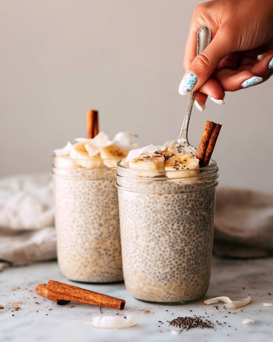 Two glass jars on a white marbled texture hold a creamy chia pudding with many tiny black chia seeds evenly spread through the light brown mixture. Each jar is topped with a layer of thin coconut flakes and banana slices, which are dusted lightly with cinnamon powder. A cinnamon stick stands upright in each jar, adding a touch of warm brown color. The background is softly blurred with a beige cloth, while a few coconut flakes and cinnamon sticks lie scattered nearby. Photo taken with an iphone --ar 4:5 --v 7