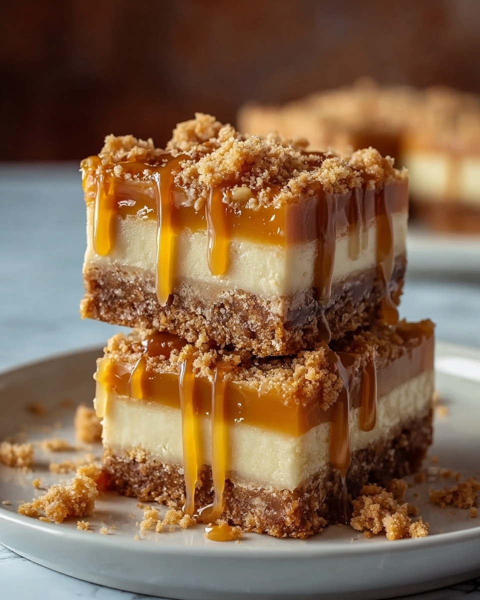 The image shows three stacked square dessert bars on a white plate with a white marbled texture background. Each bar has three layers: the bottom layer is a thick, crumbly brown crust; the middle layer is a smooth, pale cream color; and the top layer is a rich, golden caramel with crumbled bits sprinkled on top. Caramel sauce is dripping down the sides, adding a glossy and sticky texture. Crumbs are scattered around the plate, giving a rustic, homemade feel. photo taken with an iphone --ar 4:5 --v 7