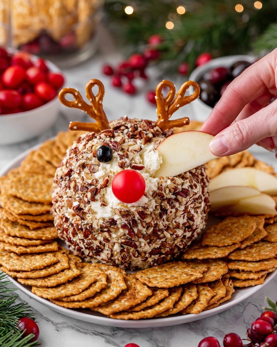 A round cheese ball covered in chopped nuts sits in the center of a white plate with many round brown crackers spread around its base. Two pretzels are stuck into the top of the cheese ball like antlers. A red cherry tomato is placed at the front bottom as a nose, and a black olive nearby resembles an eye. A woman's hand is dipping a white apple slice into the creamy cheese ball, gently lifting some cheese. The background shows bowls filled with red cherry tomatoes and black olives, along with green pine branches and red berries, all placed on a white marbled surface. Photo taken with an iphone --ar 4:5 --v 7