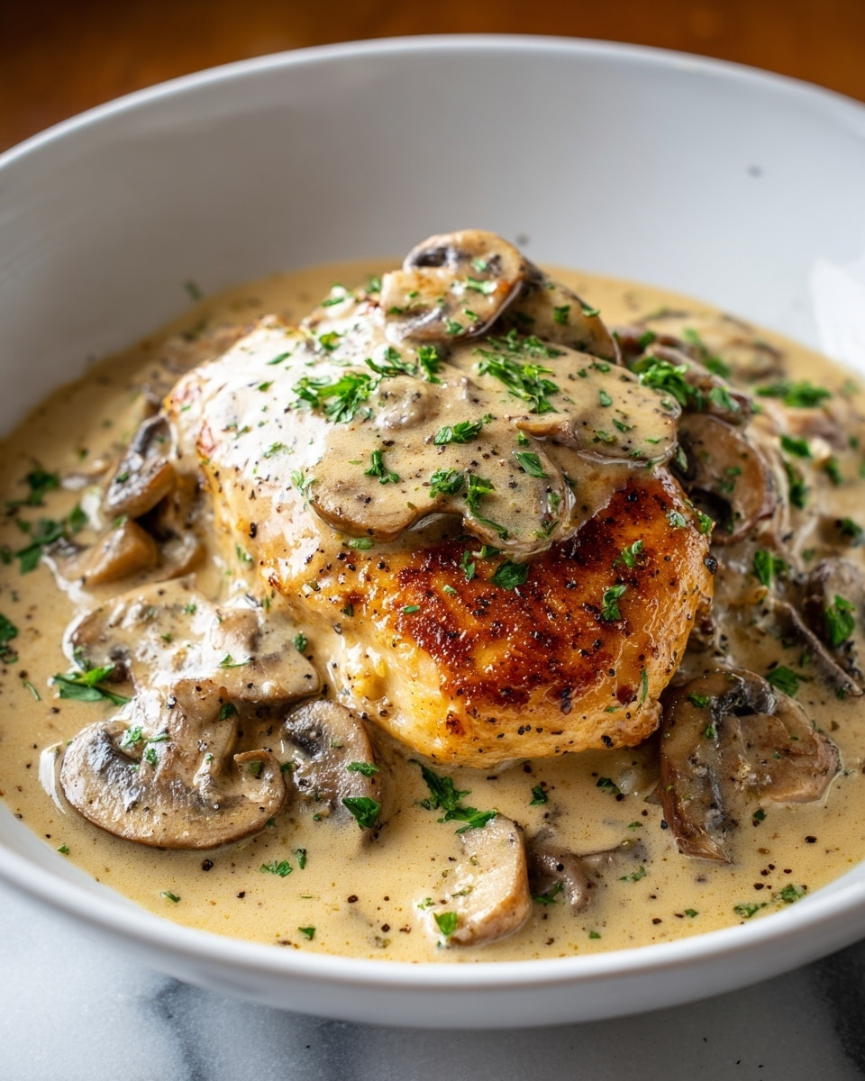 A white plate holds three parts of food on a white marbled surface: on the left, a small bundle of bright green asparagus stalks lined up neatly; in the center, a golden-brown cooked chicken breast covered with light brown mushroom sauce with sliced mushrooms and bits of green herbs; on the right, creamy white mashed potatoes topped with the same mushroom sauce and mushroom slices, sprinkled with a few green herb pieces. The textures show the smooth softness of the mashed potatoes, the slightly bumpy surface of the chicken, and the shiny moist mushrooms all on a clean, simple plate photo taken with an iphone --ar 4:5 --v 7