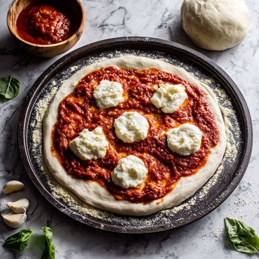 A pair of flour-dusted woman's hands gently hold a smooth, round ball of dough that is pale beige with a slightly bumpy texture. The dough is centered on a white marbled surface sprinkled with scattered flour. Above the dough, a wooden rolling pin rests horizontally, showing its warm, natural wood grain. To the right side, a small white container filled with fine yellow cornmeal adds texture contrast. Near the bottom left corner, a folded cloth with green and beige stripes partially enters the frame, adding softness to the scene. The overall image is bright and natural, capturing the calm moment of dough preparation. photo taken with an iphone --ar 4:5 --v 7
