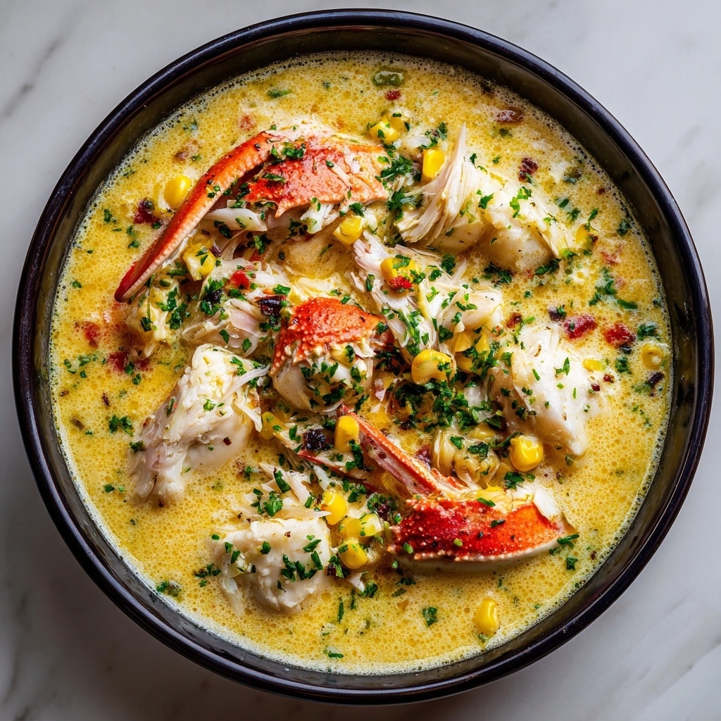 The image shows a close-up of a creamy seafood dish in a deep black bowl filled with a thick yellow-orange sauce. Large pieces of white crab meat with red crab legs are partially submerged in the sauce, which is speckled with small green herbs, yellow corn kernels, and bits of red pepper. The dish has a rich texture, with the crab meat looking soft and tender, and the sauce slightly frothy on the edges. The green herbs add a fresh color contrast on top of the creamy sauce, which covers the crab pieces almost fully but still reveals their bright colors. The bowl sits on a white marbled surface. photo taken with an iphone --ar 4:5 --v 7