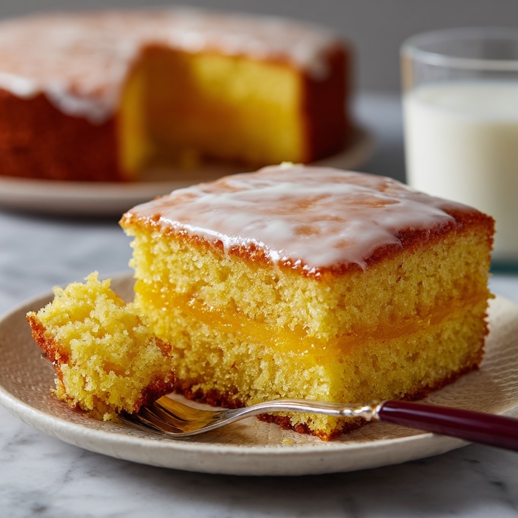 A woman's hand holding a turquoise-handled spatula lifts a square piece of two-layer yellow cake with a layer of brown filling in the middle and a thin, glossy white icing on top. The rest of the cake, showing multiple square pieces cut, sits in a white baking dish on a white marbled surface. In the background, two small orange pumpkins add a pop of color. Photo taken with an iphone --ar 4:5 --v 7