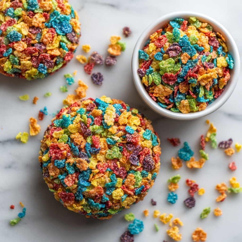 A large round cookie is covered completely with colorful crunchy cereal flakes in red, blue, yellow, orange, green, and purple. The flakes form one thick top layer, giving the cookie a rough texture with many tiny pieces sticking out. Behind it, there is a small white bowl filled with the same colorful cereal flakes. On the left side of the image, another cookie is partially visible, also topped with the vibrant flakes. The scene is set on a white marbled surface with loose flakes scattered around the cookies and bowl. Photo taken with an iphone --ar 4:5 --v 7