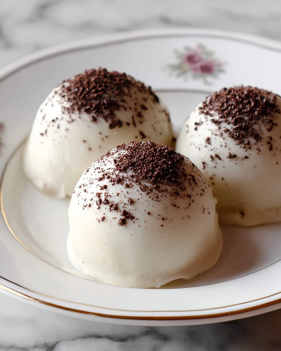 Three round, dome-shaped desserts sit closely together on a white plate with a delicate gold rim and a small floral design near the edge. Each dome is fully coated in a smooth, glossy white layer of chocolate with a few small bumps in texture. The tops are sprinkled unevenly with fine, dark brown coffee or cocoa powder that contrasts with the white coating. The background is a white marbled surface. photo taken with an iphone --ar 4:5 --v 7