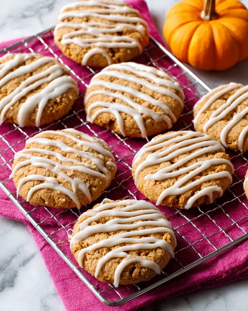 A cooling rack holds nine golden brown oatmeal cookies with small chunks visible in their rough, slightly cracked surfaces. Two of the cookies on the top and right side are drizzled with white icing in thin, uneven stripes. To the right of the cooling rack is a white bowl filled with smooth, pale cream icing, and a white spoon resting across the rack carries a small amount of the same icing. A bright magenta cloth is partially under the rack, adding a pop of color, and two small pumpkins, one at the top and another at the bottom, are placed near the edges on a white marbled textured surface. photo taken with an iphone --ar 4:5 --v 7