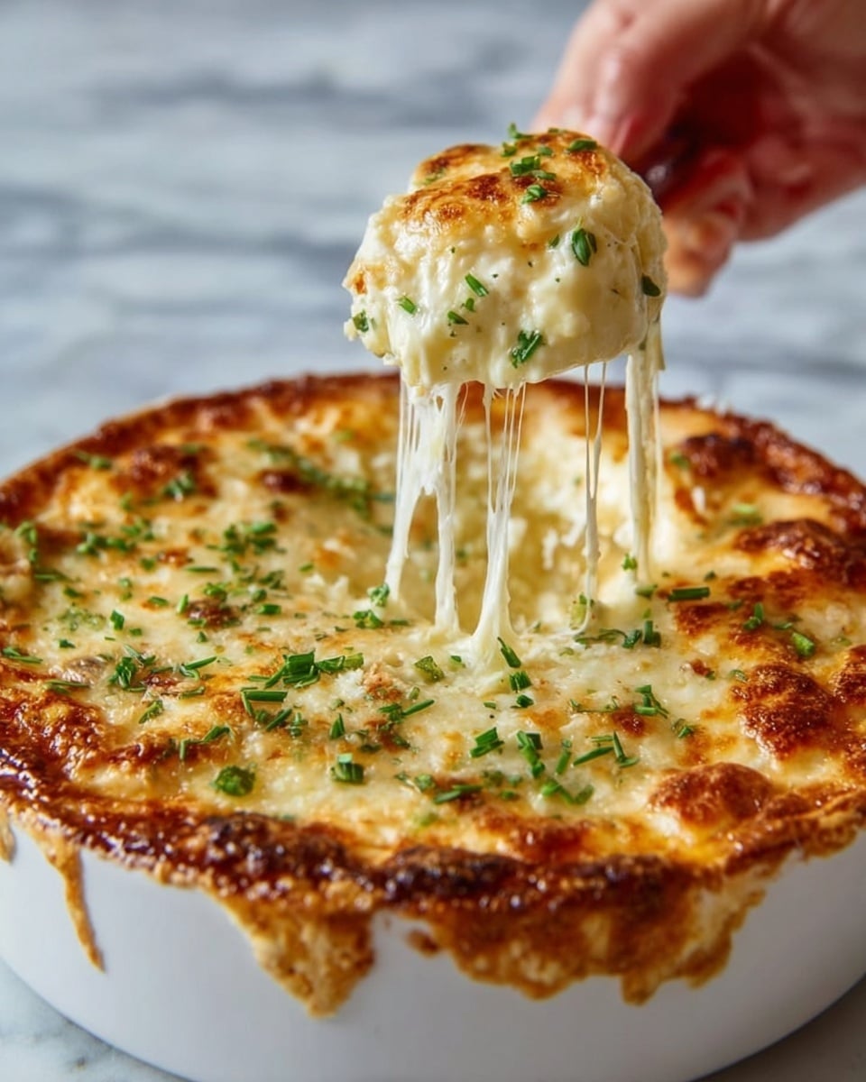The dish is a baked casserole in a white oval dish, showing a single layer of golden brown melted cheese on top with some darker browned spots, indicating it has been broiled or baked. Scattered evenly over the top are small pieces of bright green chopped chives, adding a fresh contrast to the cheesy surface. The texture of the cheese looks creamy and slightly bubbly, with a smooth and slightly crispy top layer. The dish is placed on a white marbled texture surface. photo taken with an iphone --ar 4:5 --v 7