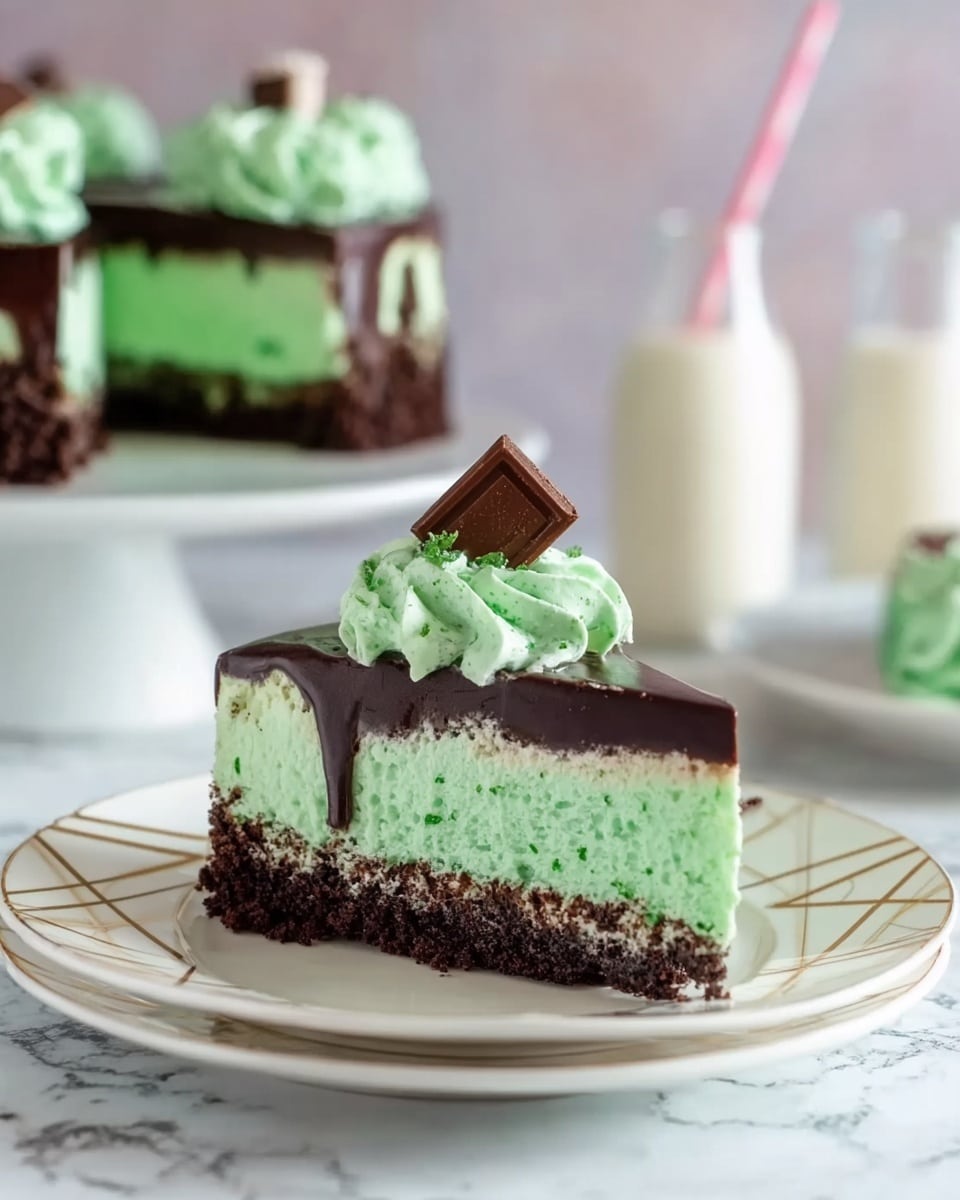 A three-layer round cake on a white cake stand features a dark, crumbly bottom layer, a thick middle layer of light green mint cream with tiny dark specks, and a top layer covered in shiny dark chocolate glaze that drips slightly over the edges. On the top, there are eight swirls of bright green whipped cream evenly spaced around the edge, each topped with a small rectangular dark chocolate piece. The background has a soft peach tone, and the cake stand sits on a white marbled surface with scattered pieces of chocolate and a white plate with a gold geometric pattern in the foreground. Photo taken with an iphone --ar 4:5 --v 7