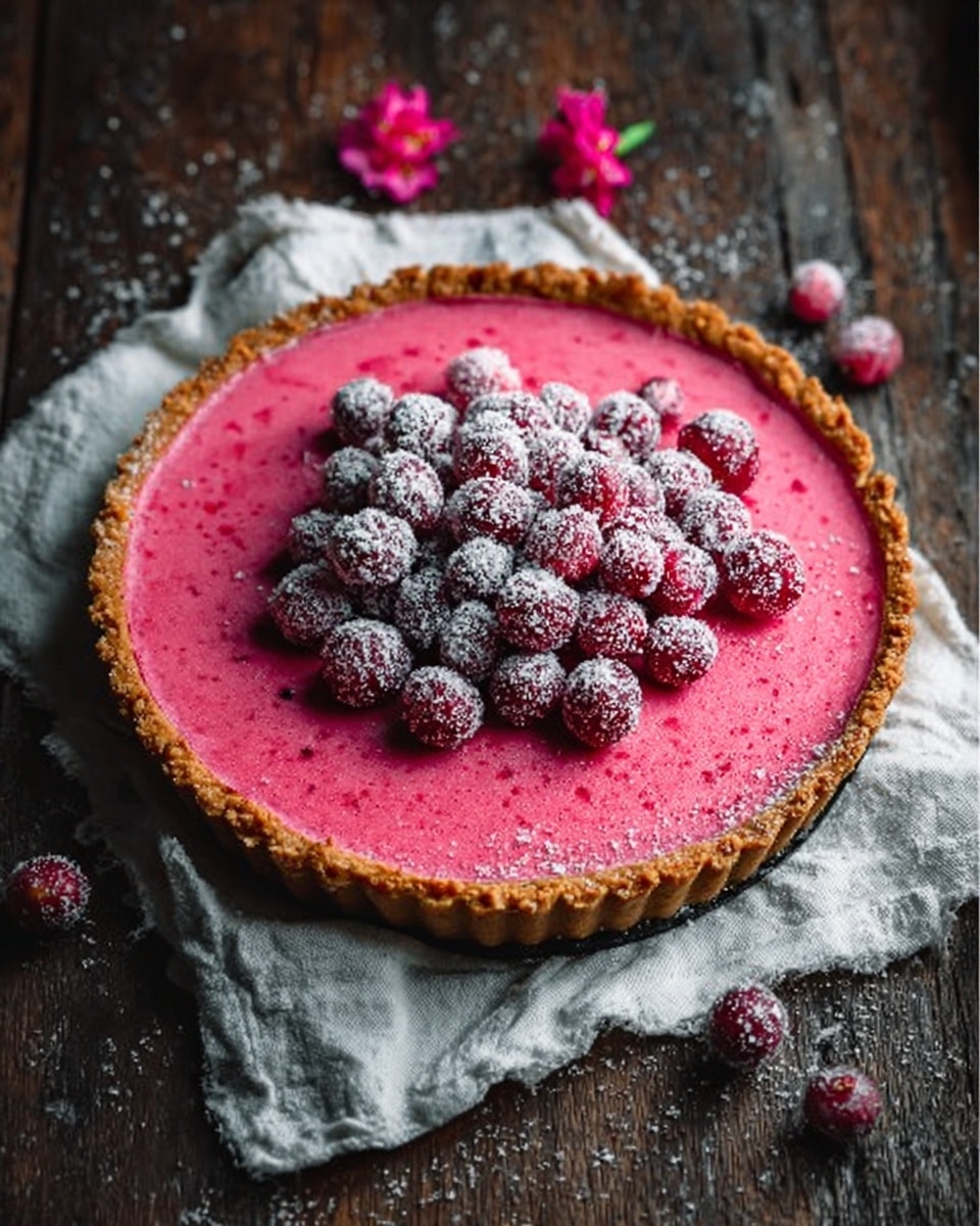 A round tart with a golden brown crust filled with a smooth bright pink filling, topped with a generous cluster of sugared cranberries that look frosty and shiny. The tart is placed on a white cloth on a dark wooden table, with a few sugared cranberries scattered around it. A few small pink flowers are placed near the tart at the top edge of the image. photo taken with an iphone --ar 4:5 --v 7