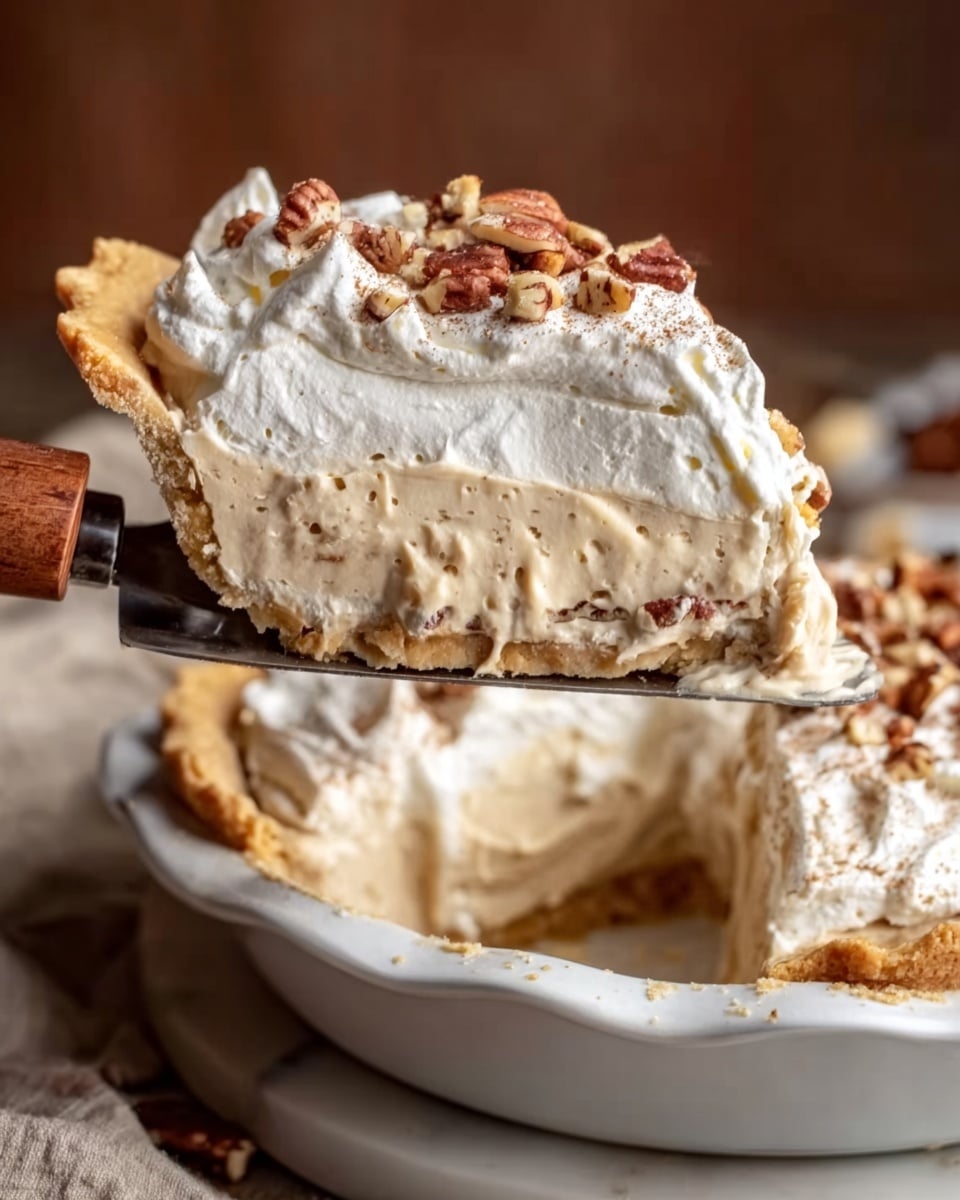 A top view of a pie with three visible layers on a white plate sitting on a white marbled surface; the bottom layer is a golden baked crust with a crimped edge, the middle layer is a light beige creamy filling with small bits of nuts visible, and the top layer is a thick swirl of white whipped cream sprinkled with chopped pecans, with a wooden bowl of pecans partially visible in the top left corner and a gray cloth in the bottom right corner, photo taken with an iphone --ar 4:5 --v 7