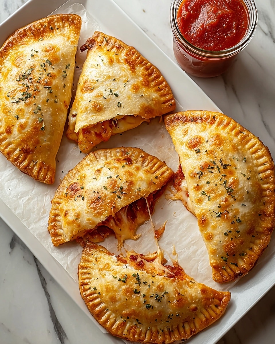 The image shows four golden brown baked turnovers arranged on a white rectangular tray lined with parchment paper, each turnover featuring a crimped edge and sprinkled with small bits of dried herbs. Two of the turnovers are cut open, revealing a thick layer of rich red tomato sauce mixed with melted cheese and filling inside. The outer crust is smooth and slightly shiny with a few browned spots, showing a soft but firm texture. There is a small glass jar filled with the same red tomato sauce placed near the top right corner of the tray on a white marbled surface. photo taken with an iphone --ar 4:5 --v 7
