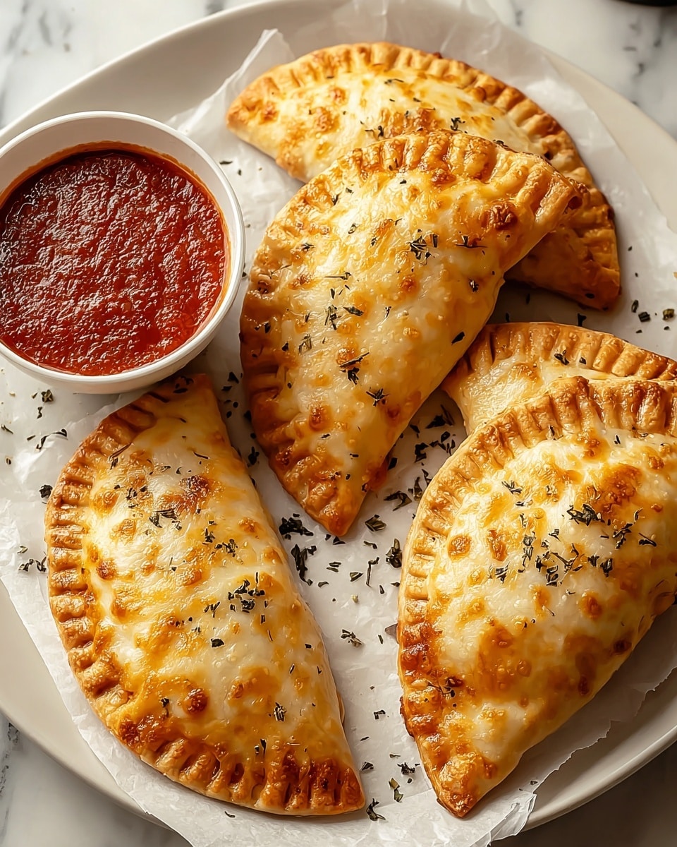 Four golden-brown, half-circle calzones with a bubbly, slightly crispy cheese layer on top sit on a white plate lined with parchment paper, sprinkled with small black herb flakes. The calzones have a crimped edge sealing the filling inside, showing a smooth, firm but airy dough texture. To the side, a white bowl filled with rich red marinara sauce with tiny black herb pieces is partially visible. The scene is set on a white marbled surface. Photo taken with an iphone --ar 4:5 --v 7
