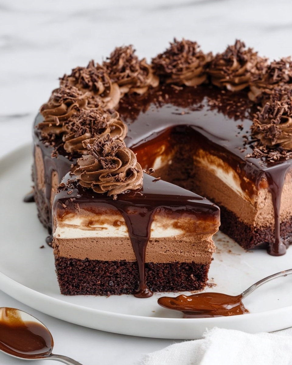 The image shows a rich chocolate dessert with three visible layers: a dark brown bottom cake layer, a thicker middle layer of chocolate mousse with a lighter brown color and smooth texture, and a shiny dark chocolate ganache topping that glistens with a drip down the side. The top edge of the dessert is decorated with swirls of creamy milk chocolate frosting sprinkled with chocolate shavings. The dessert is served on a white plate placed on a white marbled surface, with a spoon covered in glossy chocolate sauce nearby. Photo taken with an iphone --ar 4:5 --v 7