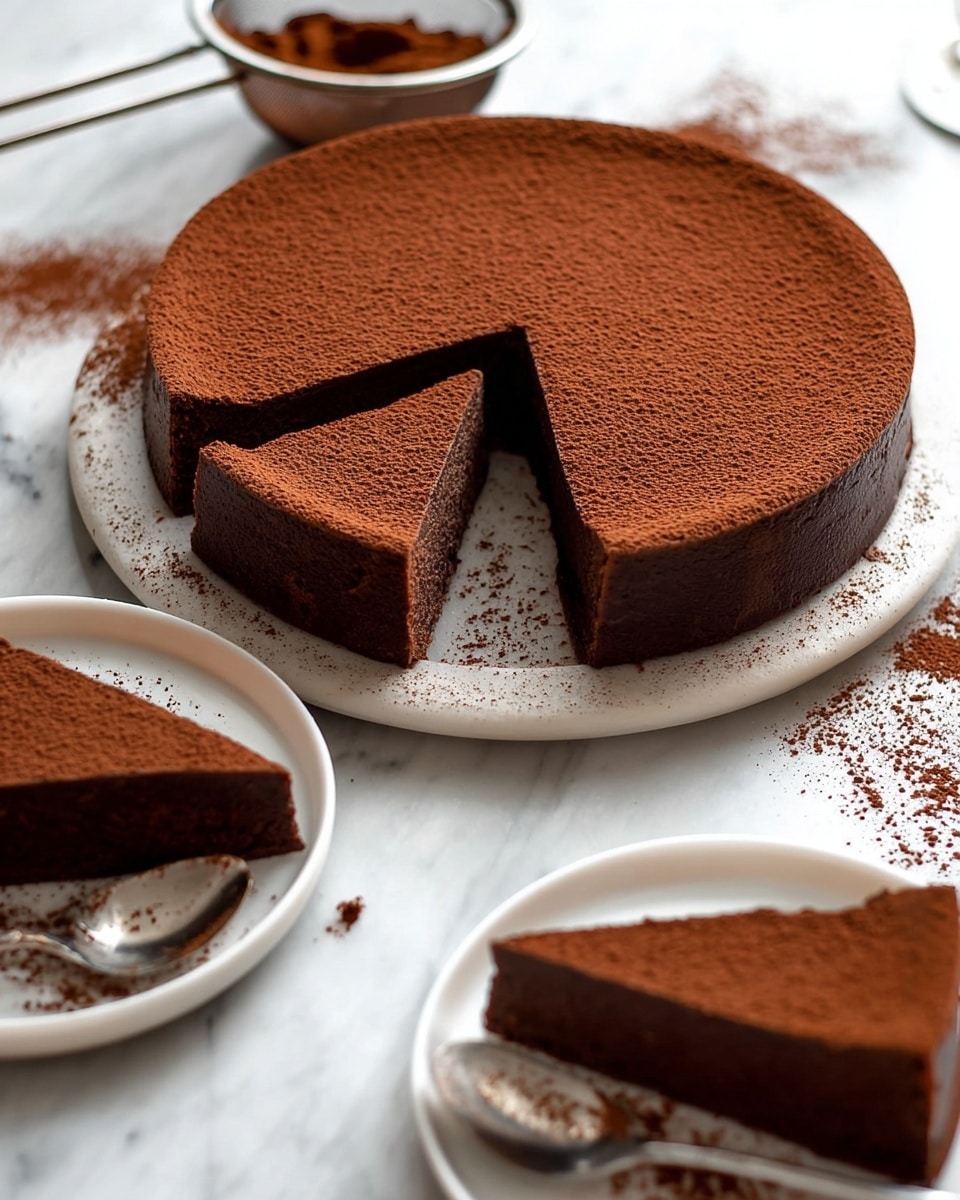 A rich dark brown chocolate cake with a smooth, dense texture and a thick layer of cocoa powder dusted evenly on top, sliced to show a single clean piece removed from the round cake. The cake sits on a white marbled surface with some cocoa powder scattered around it. There are two white plates nearby, each holding one slice of the cake, showing the smooth chocolate interior. A silver spoon rests next to one cake slice on a plate. In the background, there is a round metal sieve containing cocoa powder over a small bowl. photo taken with an iphone --ar 4:5 --v 7