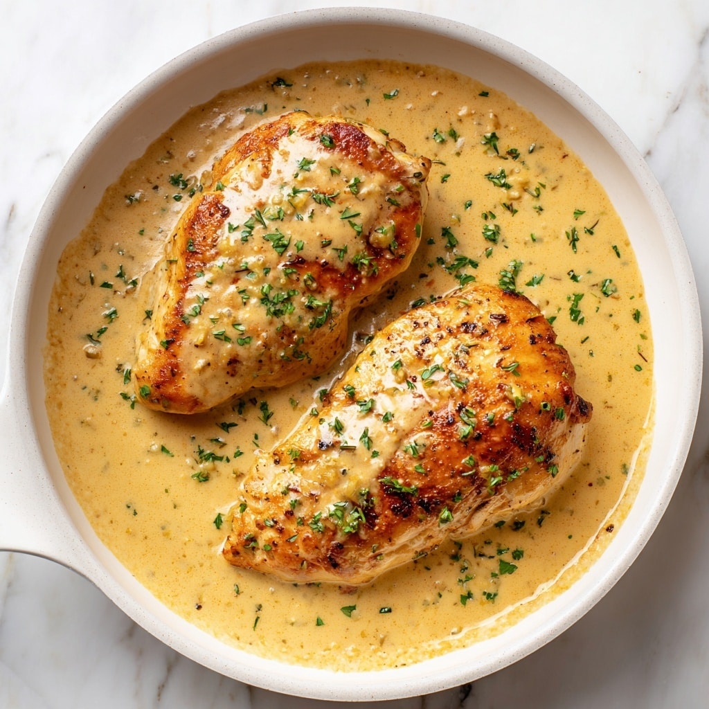 The image shows two pieces of cooked chicken breast in a white pan filled with creamy light beige sauce. The chicken is golden brown with a slightly crispy texture and is covered partly by the smooth sauce. Small green herbs are sprinkled on top of both the chicken and the sauce, adding a fresh color contrast. The sauce looks thick and creamy, with a soft and rich texture swirling around the chicken. The pan sits on a white marbled surface. photo taken with an iphone --ar 4:5 --v 7