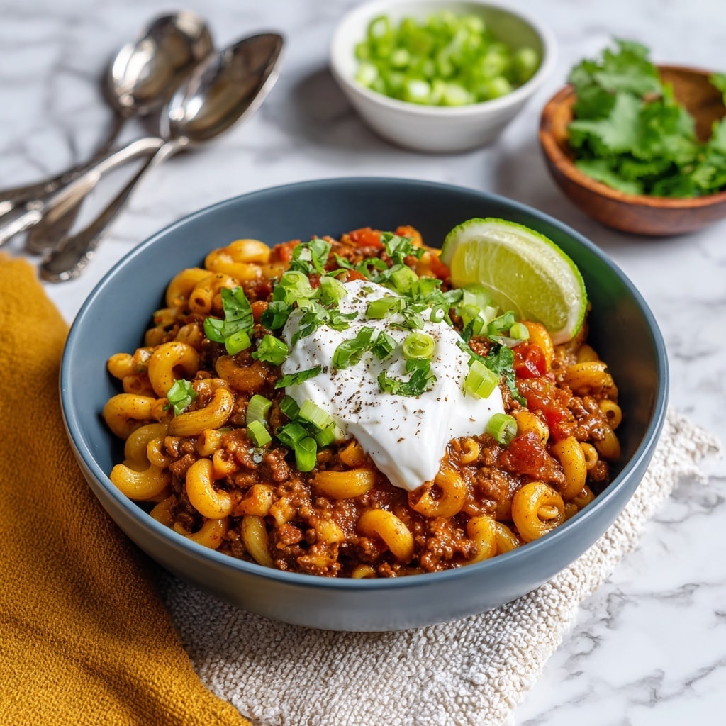 This dish is served in a deep, round, white bowl with a matte blue inside. It has three main layers: the bottom layer is elbow macaroni cooked soft with a reddish-brown sauce mixed with ground meat and small pieces of red tomato and onion, giving it a chunky texture. On top, there is a thick dollop of white sour cream sprinkled with black pepper. Around the sour cream, chopped bright green scallions are scattered. A fresh lime wedge with a light green color rests on the right side of the sour cream, slightly tilted. The bowl is placed on a white marbled surface with a textured cloth underneath. To the left, there is a folded mustard-yellow cloth with three shiny silver spoons and a white bowl with sliced green scallions. To the right, a wooden bowl holds lime wedges and fresh green cilantro leaves. photo taken with an iphone --ar 4:5 --v 7