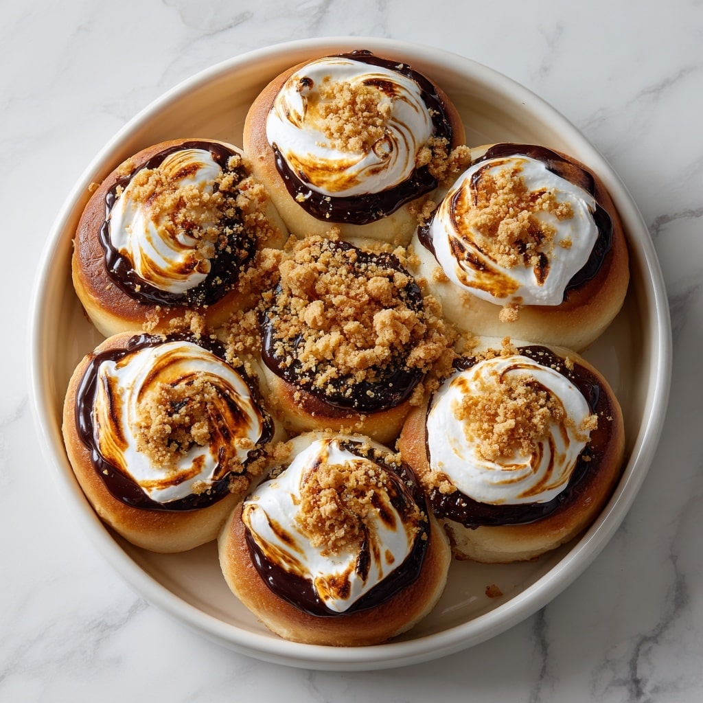 A round white pan holds five soft, golden-brown rolls arranged in a circle, each topped with a thick layer of dark chocolate spread and a swirl of toasted white marshmallow cream that has light brown, caramelized spots. The marshmallow cream sits on the top center of each roll, creating a soft peak. In the middle of the circle, there is a small pile of light brown crumbly topping, adding texture. The pan rests on a white marbled surface, giving a clean and bright look. photo taken with an iphone --ar 4:5 --v 7
