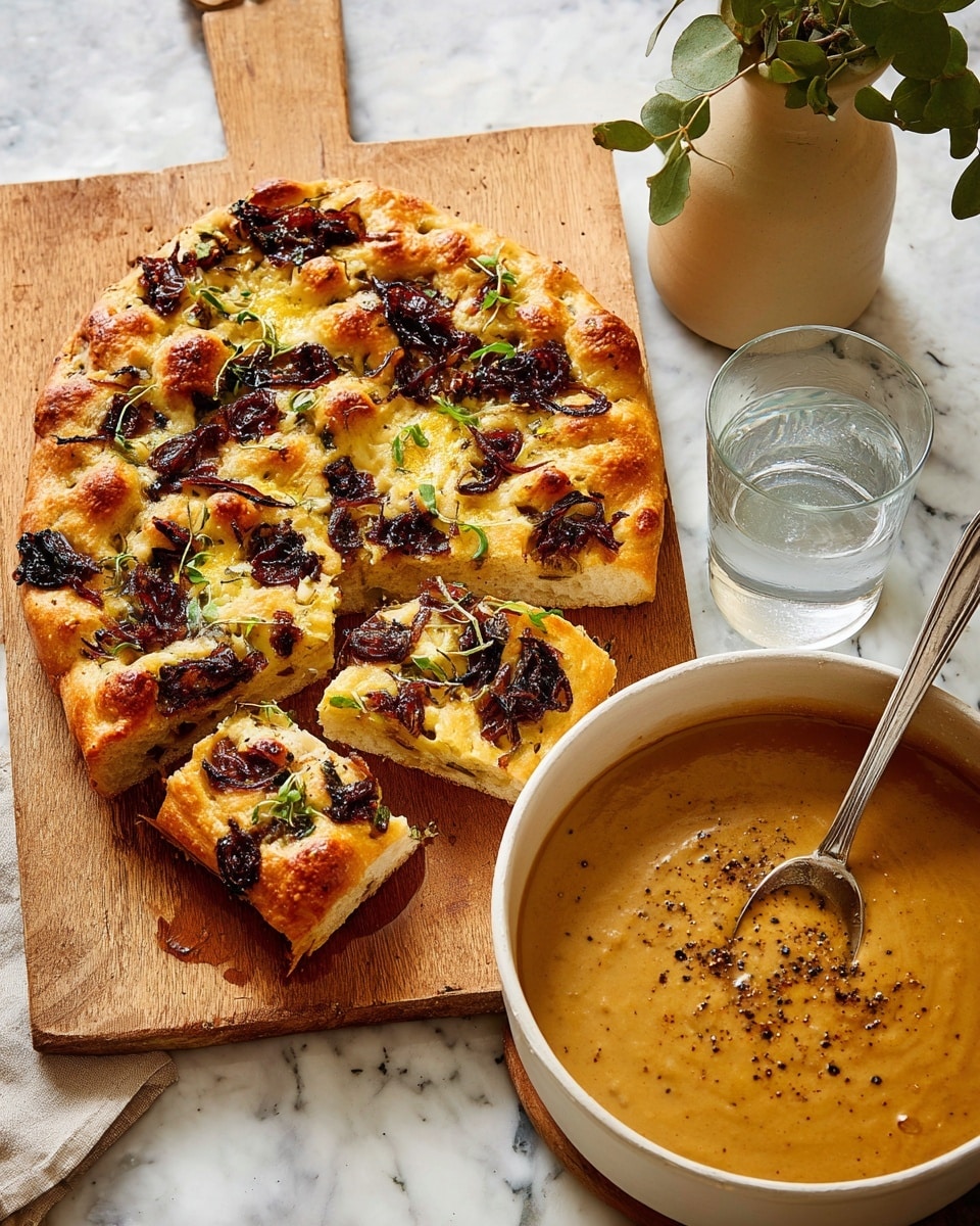 A rustic focaccia bread sits on a wooden cutting board, topped with golden-brown baked dough and scattered with caramelized dark brown onions and melted cheese in light yellow patches, along with small sprigs of green herbs. Next to the bread is a white pot filled with thick, creamy soup in a warm orange-brown color, sprinkled lightly with black pepper on top. A large silver ladle rests inside the pot. In the background, a white marbled surface holds a glass of clear water and a beige ceramic vase with green leaves. photo taken with an iphone --ar 4:5 --v 7