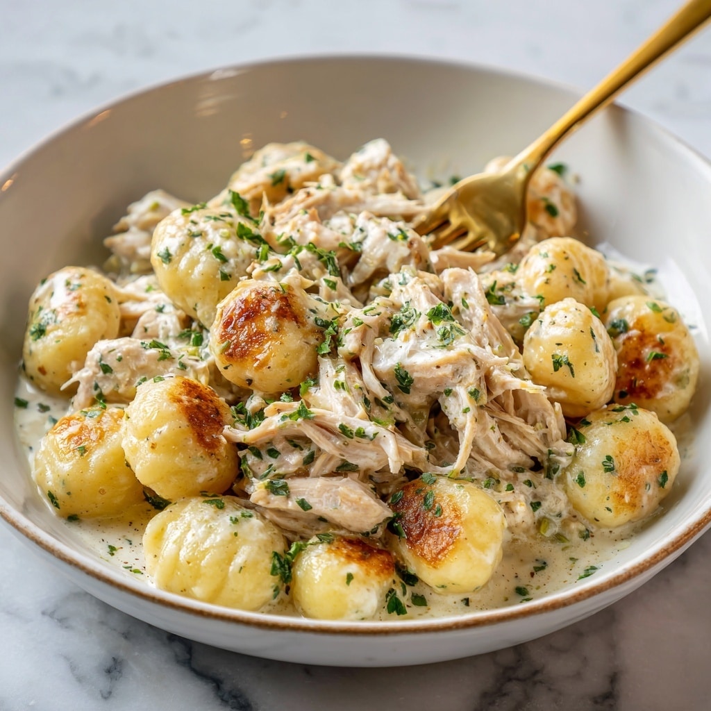 The image shows a white bowl filled with a creamy dish made of small round gnocchi and shredded chicken, all coated in a rich, white sauce. The gnocchi have parts browned to a golden yellow with a slightly crispy texture, while the shredded chicken looks tender and soft with a light seasoning of herbs. Small green parsley flakes are sprinkled over the top for color. A brass fork is placed inside the bowl, spearing some gnocchi and chicken. The bowl sits on a white marbled surface. photo taken with an iphone --ar 4:5 --v 7