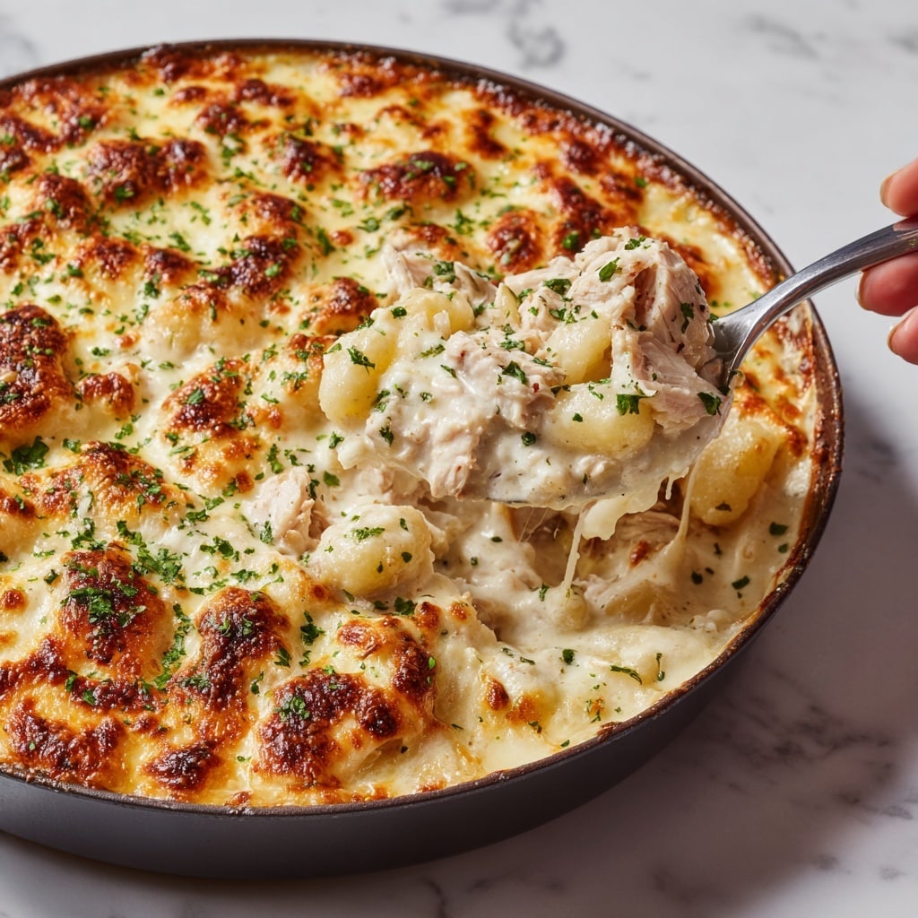 A close-up shows a baked creamy casserole in a dark pan resting on a white marbled surface. The top layer is golden-brown melted cheese with small browned spots and sprinkled chopped green herbs. Below the cheese layer is a thick creamy white sauce with soft gnocchi pasta and pieces of tender chicken mixed in, all coated in the sauce. A woman's hand holds a spoon scooping a portion, displaying the soft, creamy inside with white pasta and chicken pieces visible under the cheese crust. The texture looks creamy and cheesy with green herbs adding a fresh touch. Photo taken with an iphone --ar 4:5 --v 7