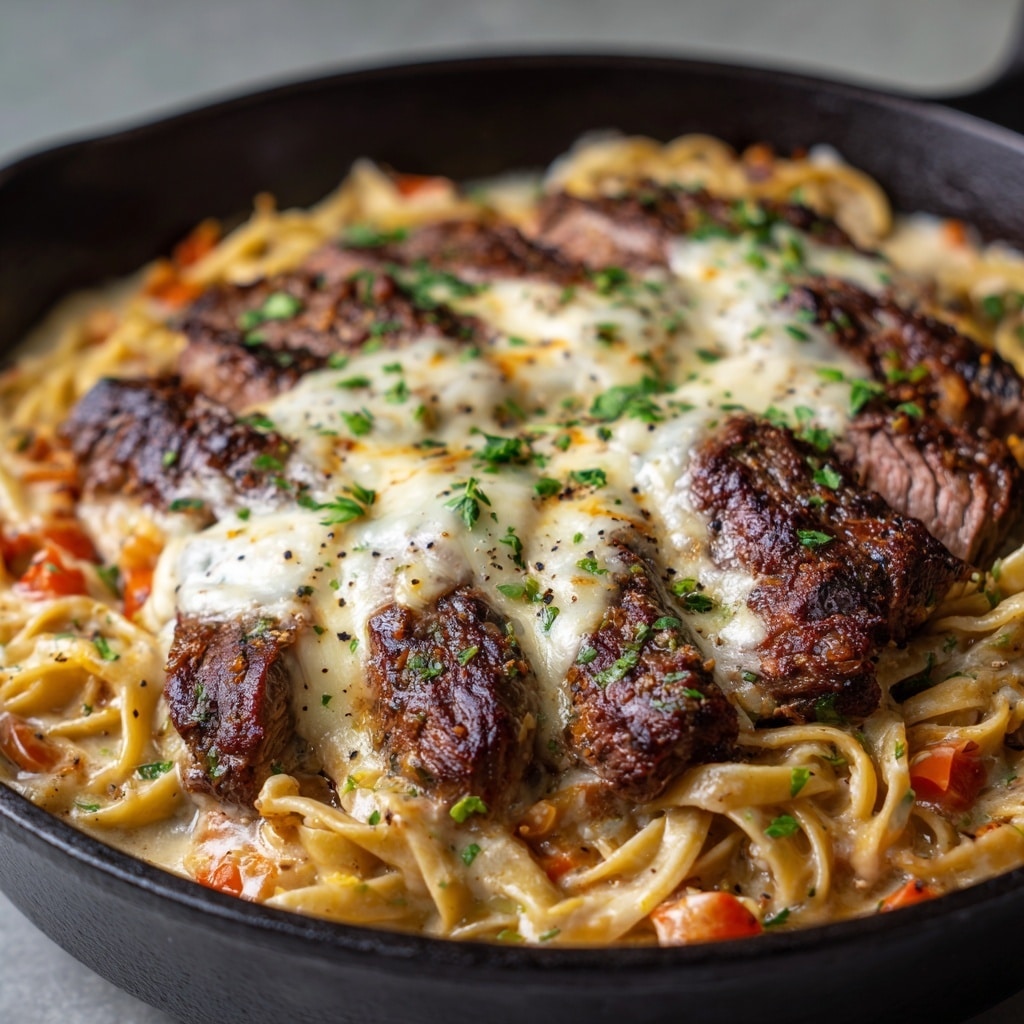The image shows a close-up of a black cast iron pan filled with a dish having three main layers: the first layer is creamy yellow tortellini pasta that looks smooth and soft, the second layer consists of orange and red bell pepper strips adding bright, crunchy colors, and on top are grilled beef cubes with a charred, brown crust and juicy texture. There is visible steam rising from the dish, and ground black pepper is sprinkled over the food. The pan is on a white marbled surface. photo taken with an iphone --ar 4:5 --v 7