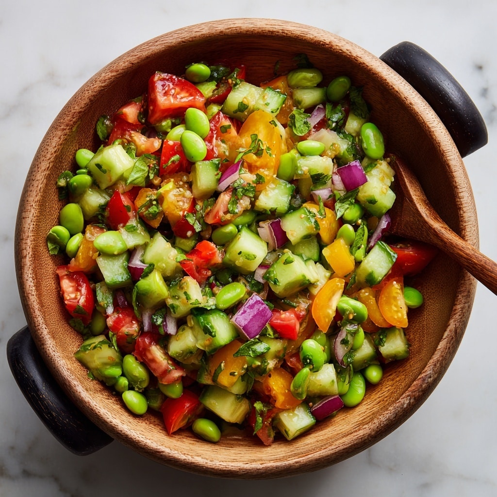 A clear bowl filled with a colorful salad sitting on a wooden surface with a blurred green background; the salad has four main layers mixed together: bright green edamame beans, yellow corn kernels, chopped red bell peppers, and small pieces of purple-red onion, all topped with scattered green cilantro leaves, creating a fresh and vibrant look. photo taken with an iphone --ar 4:5 --v 7