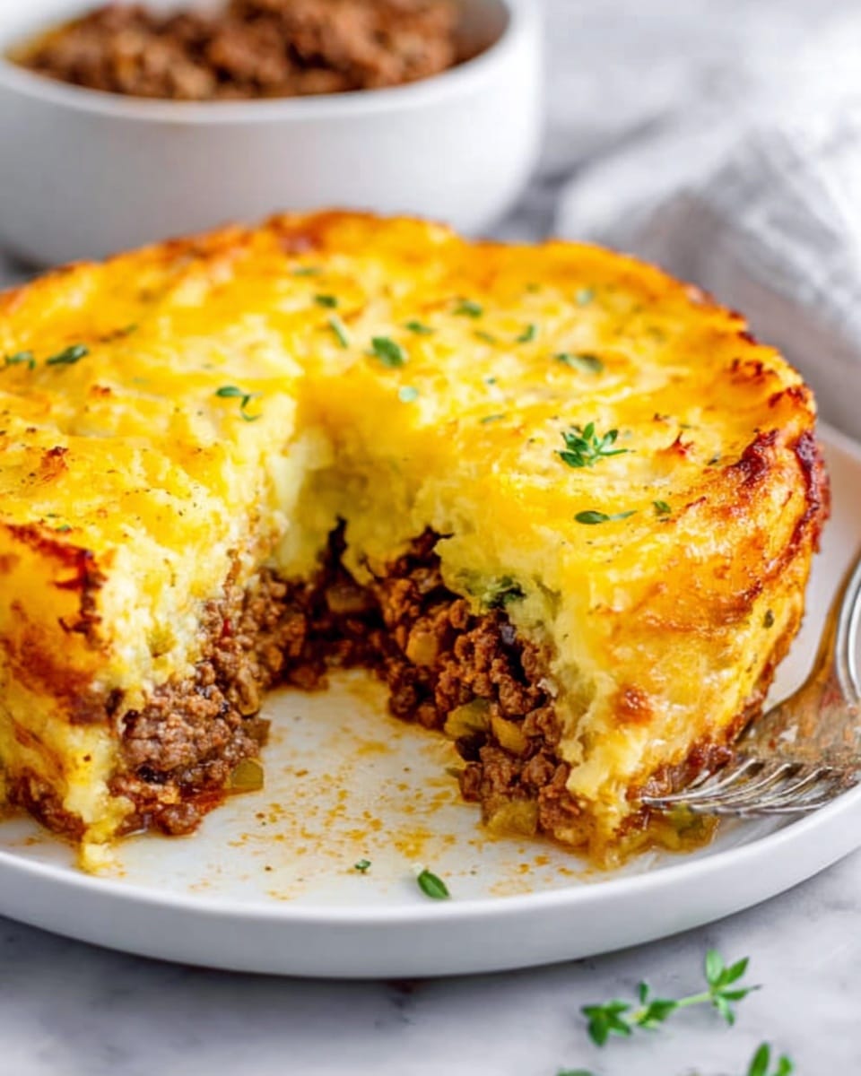 A white plate holds a round shepherd's pie with a golden yellow mashed potato topping that looks creamy and smooth, with slightly browned and crisp edges. The pie has a thick layer of cooked minced beef with visible herbs and vegetables beneath the potatoes. A slice is taken out, showing the meat layer's rich brown texture and the soft, fluffy potatoes on top. Small green herb leaves are scattered lightly over the potato layer for decoration. A white marbled surface is beneath the plate, and a blurred bowl with extra meat mixture is visible in the background. Photo taken with an iphone --ar 4:5 --v 7