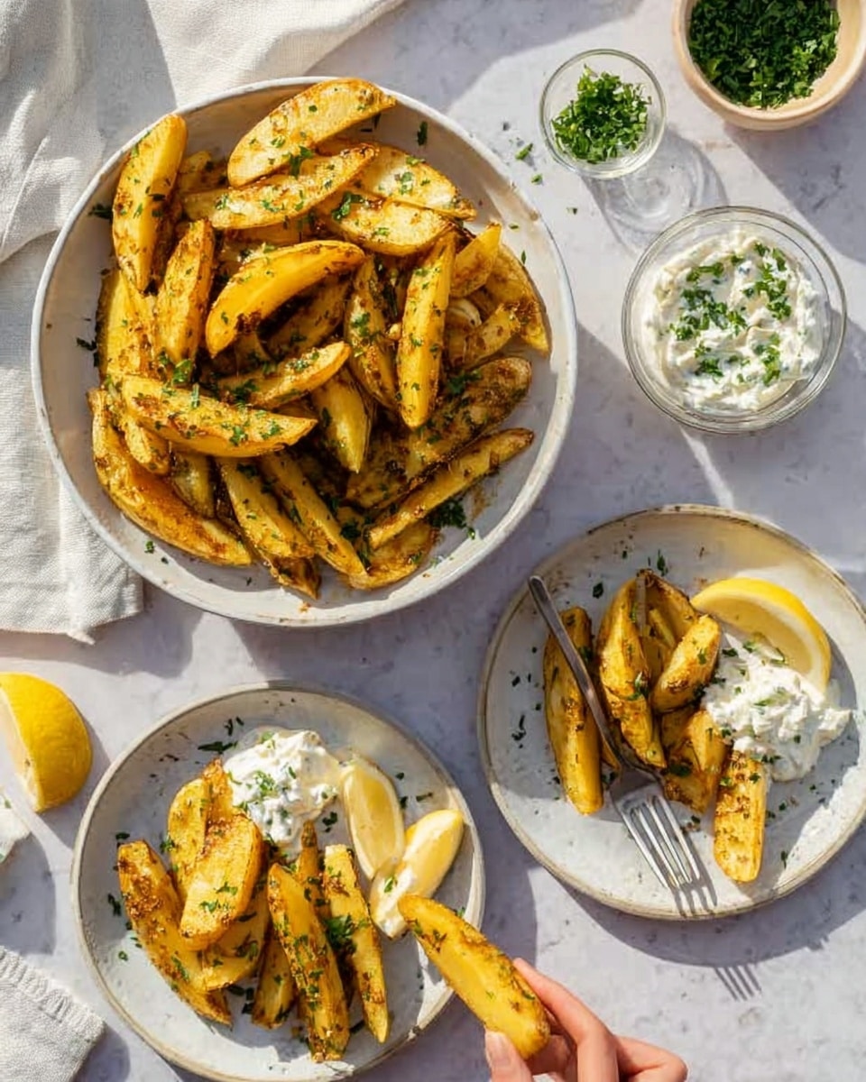 The image shows thick potato wedges seasoned with herbs, placed in a large white bowl on the left, overflowing with golden, crispy wedges sprinkled with green herbs. To the right, there are two white plates: the top plate holds a smaller portion of wedges with a fork resting on it, and the bottom plate contains wedges on the left side and a creamy white dip garnished with herbs on the right side, with a fork resting beside the wedges. There are two lemon wedges placed on the white marbled surface near the plates, a small bowl of green chopped herbs at the top, and a small glass bowl of white dip garnished with herbs on the right. A woman's hand holds a wedge with a fork poised to pick it up. The lighting is bright, creating soft shadows, and the setting looks fresh and inviting. Photo taken with an iphone --ar 4:5 --v 7