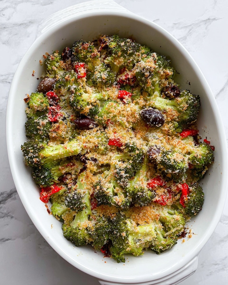 A white dish filled with roasted broccoli florets topped with crumbled white cheese, dark purple olive slices, and thinly sliced red peppers, showing some areas with a lightly browned, crispy texture; a silver spoon rests inside the dish. Below, a white plate holds a serving of the same roasted broccoli mix, with visible layers of green broccoli at the base, scattered dark purple olives, bright red pepper strips, and white cheese crumbs on top, alongside a fork placed on the plate’s right side. The background is a white marbled surface. photo taken with an iphone --ar 4:5 --v 7