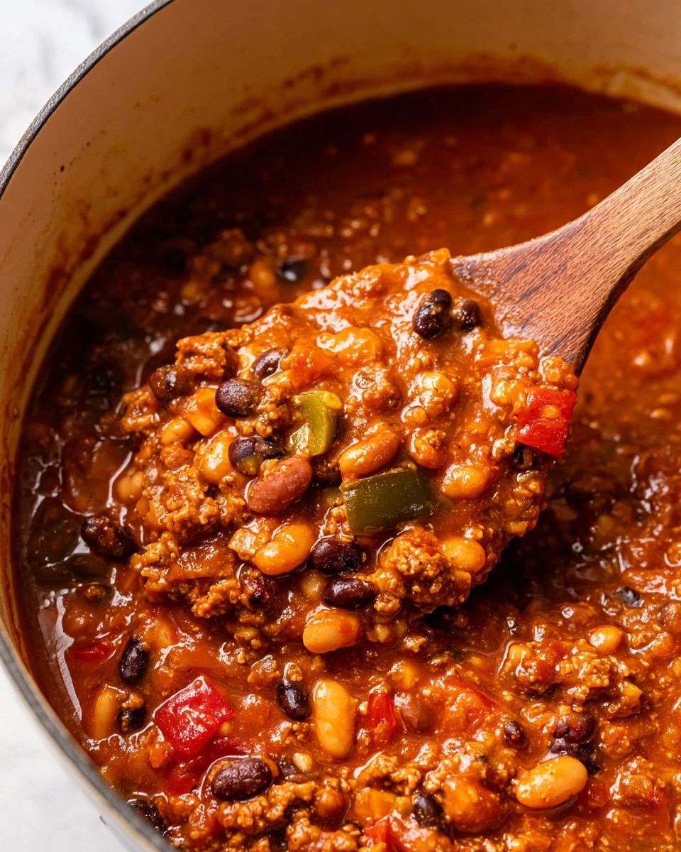 A bowl of thick chili sits in the center, filled with a rich, dark reddish-brown stew containing visible chunks of ground meat and dark red kidney beans. On top, there is a generous layer of bright orange shredded cheddar cheese, sitting under a dollop of smooth, white sour cream. Two slices of fresh green jalapeño pepper rest on the sour cream, adding a pop of color. The white bowl holds a silver spoon inside the chili on the left side. Around the bowl on a white marbled surface are small white ramekins filled with shredded cheddar cheese and some colorful tortilla chips in red, yellow, and speckled black. A small pumpkin is also visible at the bottom left corner. photo taken with an iphone --ar 4:5 --v 7