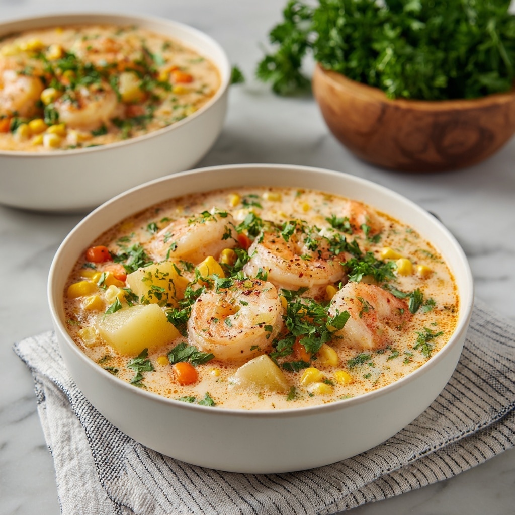 This image shows a white bowl filled with creamy shrimp and corn chowder. The soup has a thick, yellowish creamy base with visible pieces of yellow corn and bits of green herbs scattered throughout. On top, there are five plump shrimp with a pale pink and white color, slightly curled, and sprinkled with black pepper and chopped green herbs. The bowl is placed on a white cloth napkin on a white marbled surface. In the background, there is another white bowl slightly blurred, filled with more yellow corn kernels, and a silver spoon resting on the cloth nearby. Photo taken with an iphone --ar 4:5 --v 7