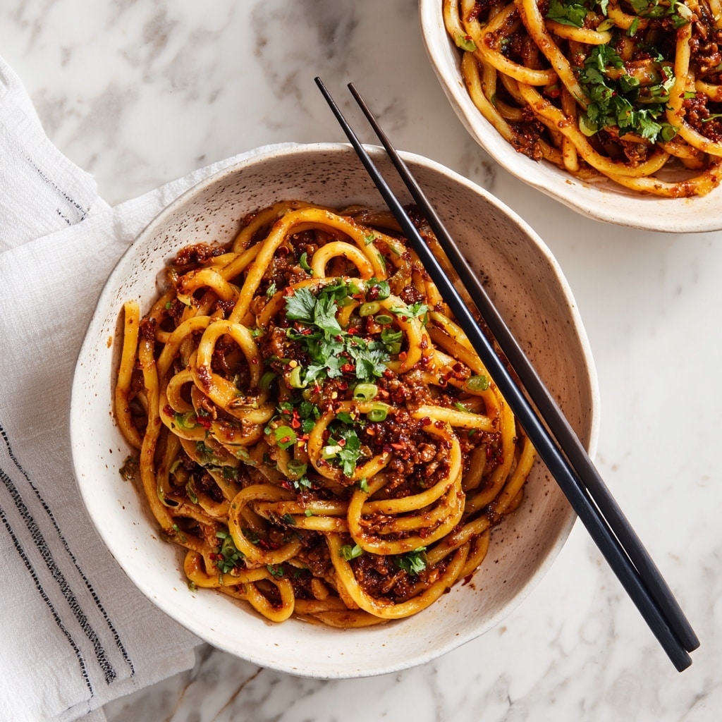 A white bowl filled with a single layer of thick, flat noodles coated in a smooth, rich, reddish-brown sauce. The noodles are slightly twisted and piled up in the center, topped with small pieces of fresh green herbs and sprinkled with crushed red chili flakes, adding texture and color contrast. The bowl sits on a white marbled surface, with a small bowl of red chili flakes visible in the background and scattered herbs around. photo taken with an iphone --ar 4:5 --v 7