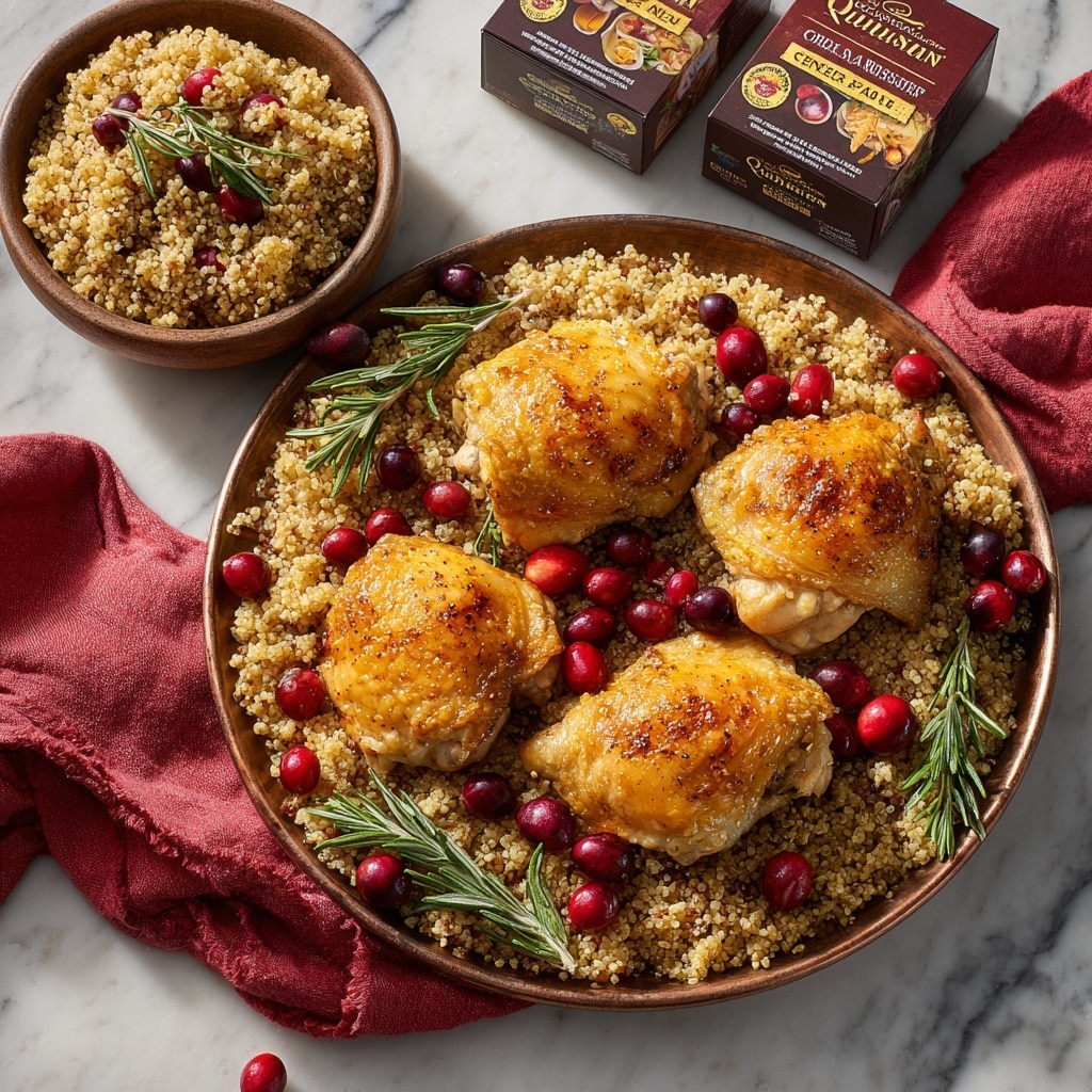 The image shows a white rectangular baking dish with six golden-brown baked chicken thighs, each with a crispy skin and small red cranberries scattered on top. The chicken pieces sit in a light brown sauce with visible mustard seeds and are garnished with green rosemary sprigs placed between and under the chicken. The dish is placed on a wooden surface with a few loose cranberries around it and parts of two clear glasses visible at the top right corner. photo taken with an iphone --ar 4:5 --v 7