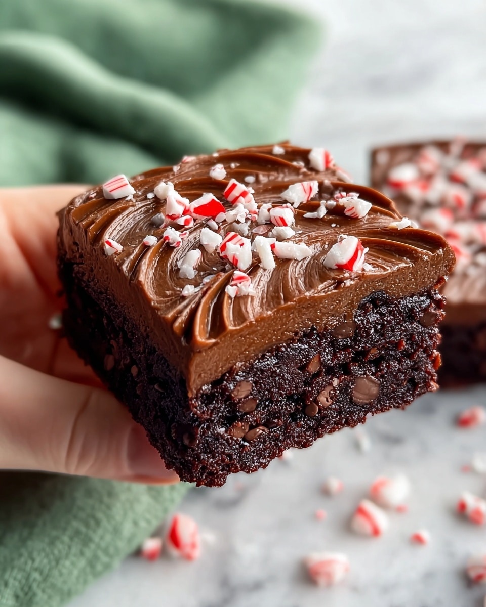 A close-up of a square brownie held by a woman's hand shows two thick layers: the bottom layer is dark, rich brownie with a crumbly texture and small chocolate chunks, while the top layer is a smooth, thick spread of glossy chocolate frosting with swirled patterns. On top, small pieces of crushed red and white peppermint candies are scattered evenly. The background features a white marbled texture with more crushed peppermint pieces scattered around, and a soft green cloth is partially visible to the side. photo taken with an iphone --ar 4:5 --v 7