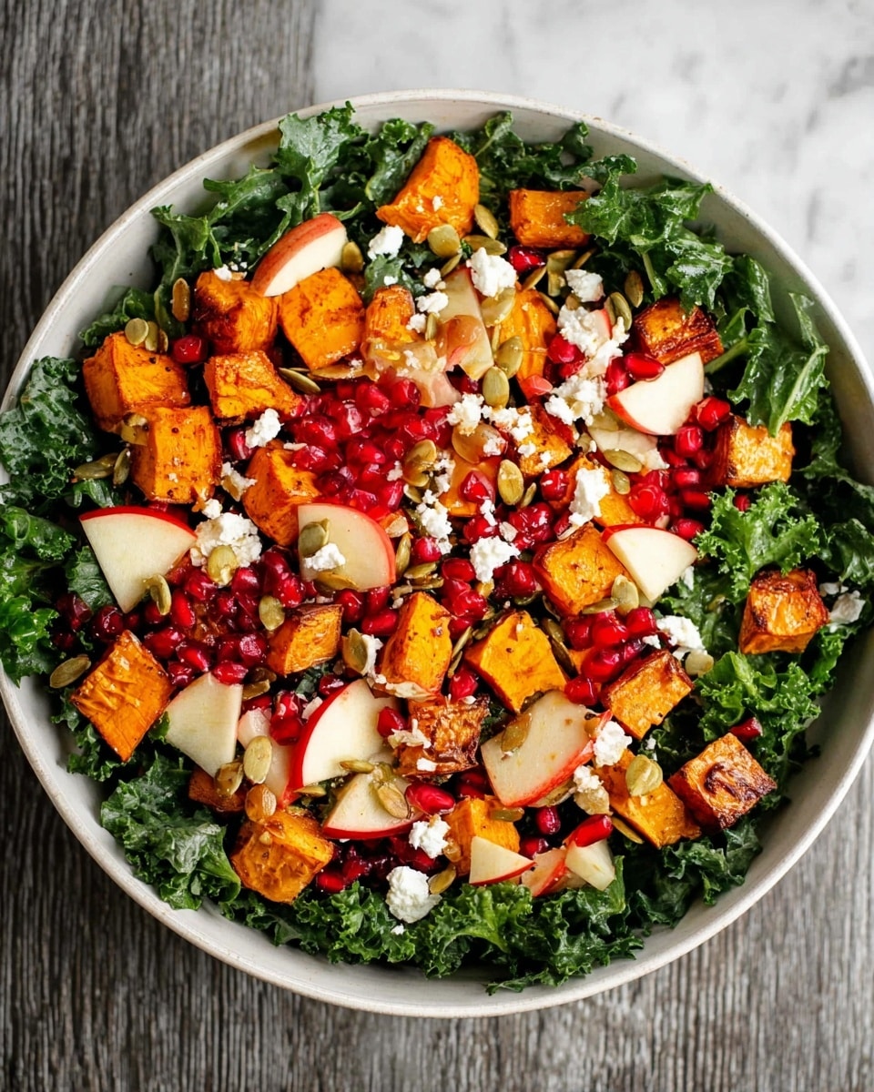 A bowl of mixed salad with three main layers: the bottom layer is fresh green kale leaves, the middle layer has chopped red and white apple pieces along with bright red pomegranate seeds, and the top layer is roasted orange sweet potato cubes mixed with small brown roasted pumpkin seeds and white crumbled cheese scattered across. The bowl is white and set on a white marbled surface next to a white cloth. The colors are bright and fresh, showing a healthy and vibrant dish. photo taken with an iphone --ar 4:5 --v 7