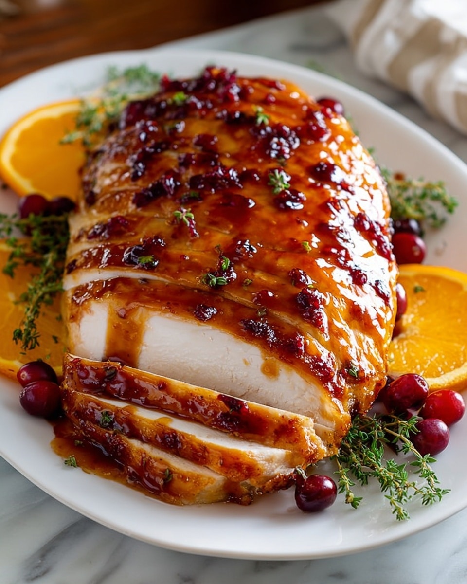 A sliced roasted turkey breast glistens with a shiny, dark orange-brown glaze that has bits of red cranberry-like sauce on top, scattered with small green thyme sprigs. The thick slices reveal juicy, white meat inside with the glaze dripping slightly onto the white plate. Around the turkey, there are bright orange slices and red cranberries, along with more green thyme sprigs adding color contrast. The scene is set on a white marbled surface, giving it a clean, fresh look. photo taken with an iphone --ar 4:5 --v 7