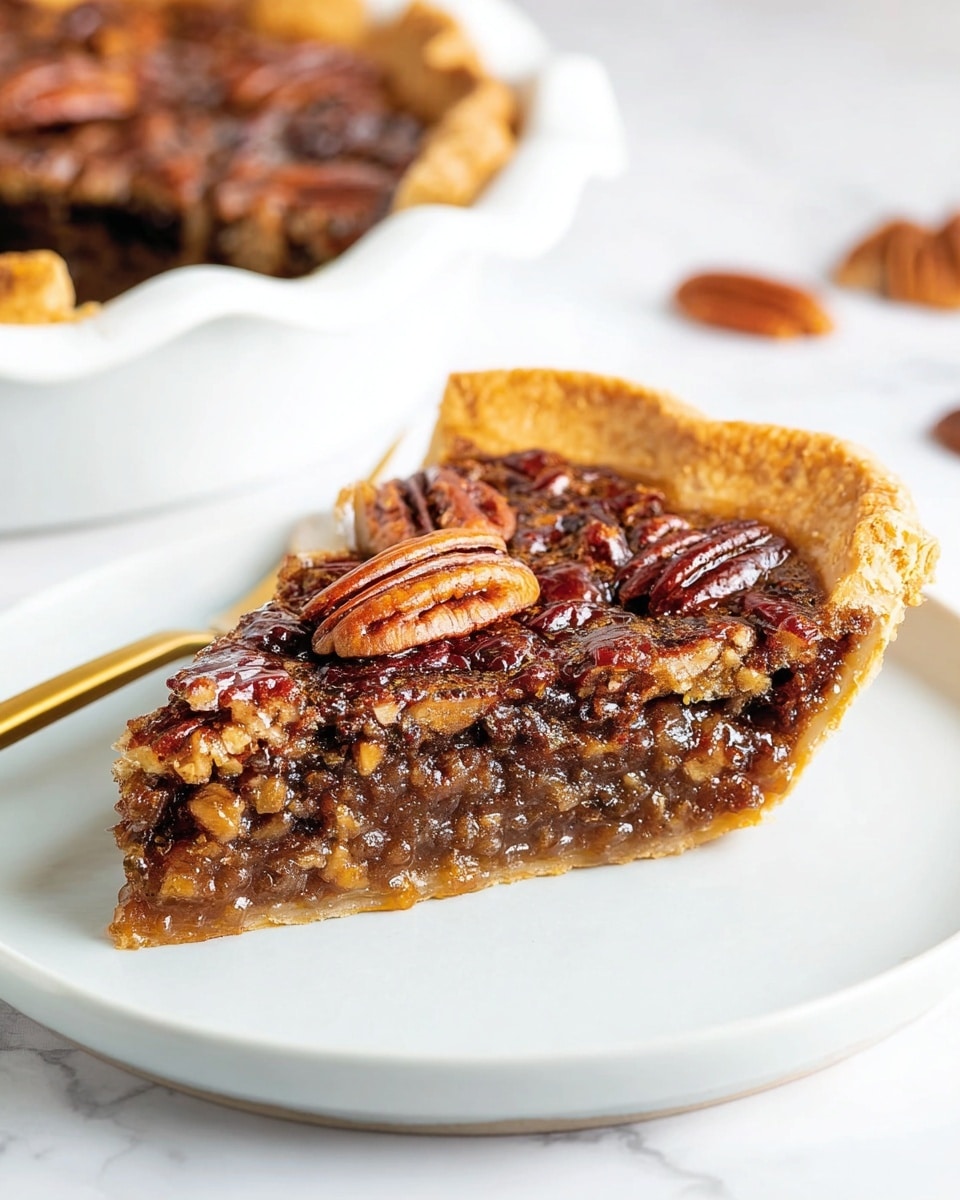 A single slice of dark brown pecan pie sits on a plain white plate, showing a thick filling full of chopped pecans and a glossy, sticky surface. The pie has a golden-brown crust with a slightly rough texture, forming a neat edge around the filling. On top, whole pecan halves add texture and a shiny finish from the syrup glaze. The background is a white marbled texture, with part of a white dish holding more pie slices blurred in the back. A gold fork rests near the plate’s edge. photo taken with an iphone --ar 4:5 --v 7