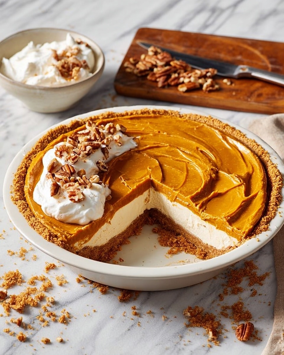 A close-up of a slice of pie on a white plate, showing three layers: the bottom crumbly brown crust, a thick white creamy middle layer, and a thick orange pumpkin layer on top with a smooth texture. A dollop of white whipped cream with small pieces of nuts is placed on top of the pie slice. A silver fork rests beside the pie on the plate, and the background shows a blurred white bowl and a blurred baking dish on a white marbled surface. photo taken with an iphone --ar 4:5 --v 7