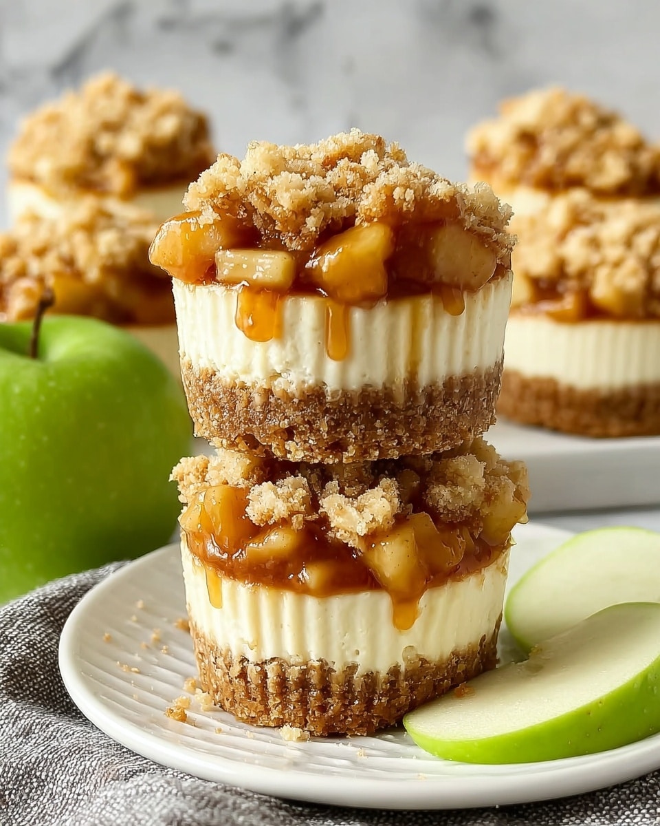 The image shows mini cheesecakes arranged on a white plate with a white marbled surface underneath. Each cheesecake has three visible layers: a crumbly golden brown crust at the bottom, a smooth pale yellow cheesecake layer in the middle, and a crumbly, darker brown streusel topping on top. On the very top of each cheesecake is a swirl of white whipped cream drizzled with a shiny golden caramel sauce. Some caramel sauce also drips down onto the crumb topping and plate, adding extra texture and color contrast. Photo taken with an iphone --ar 4:5 --v 7
