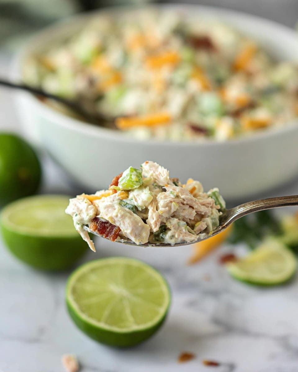 A white bowl filled with a mixed salad showing about three layers: the base layer is made of shredded white chicken, the middle layer has small green cucumber pieces and shredded pale orange cheese, and the top layer is scattered with irregular small pieces of crispy reddish bacon. The salad looks creamy with a white dressing mixed throughout. Around the bowl, there are fresh green jalapeños, sprigs of green cilantro, and halved limes on a white marbled surface. A jar with white sauce and its black lid with some sauce visible inside sit behind the bowl. photo taken with an iphone --ar 4:5 --v 7
