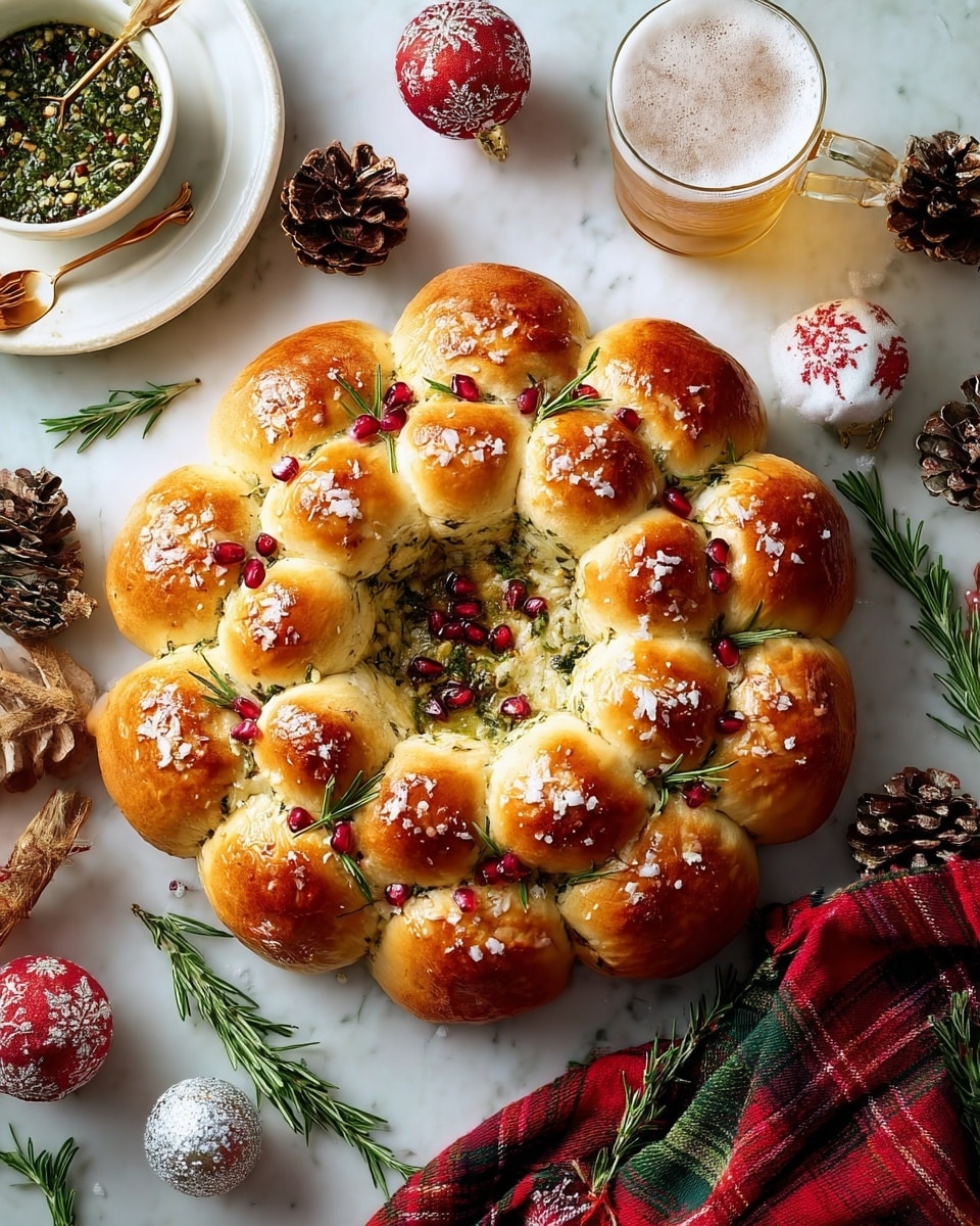A round white plate on a white marbled surface holds a wreath-shaped bread made of small golden brown rolls. Each roll is topped with coarse salt and sprinkled with rosemary leaves. Bright red pomegranate seeds are scattered on and around the rolls, adding color contrast. The wreath surrounds a small bowl filled with melted cheese mixed with green herbs. A knife lifts thick, gooey strands of the cheese from the bowl. Sprigs of fresh rosemary are placed decoratively between the rolls. In the background, there are glasses of light-colored drink and a white bowl with red fruit. Photo taken with an iphone --ar 4:5 --v 7