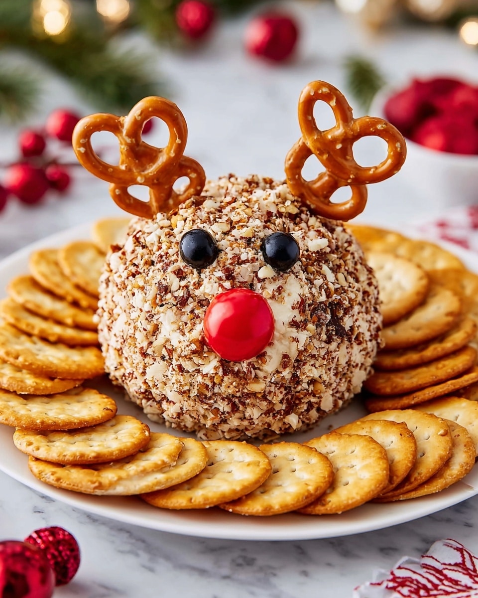 A round cheese ball covered with chopped nuts forms the base of a reindeer face. Two large pretzels are placed standing up on top as antlers, two small black olives serve as eyes positioned near the upper front, and a single red cherry tomato is placed in the center bottom as the nose. The cheese ball sits on a white plate that is fully covered with thin, round, golden crackers, creating a layered presentation with the cheese ball in the middle and crackers around it. The scene is set on a smooth white marbled surface with a festive blurred background including hints of red and green holiday elements. photo taken with an iphone --ar 4:5 --v 7